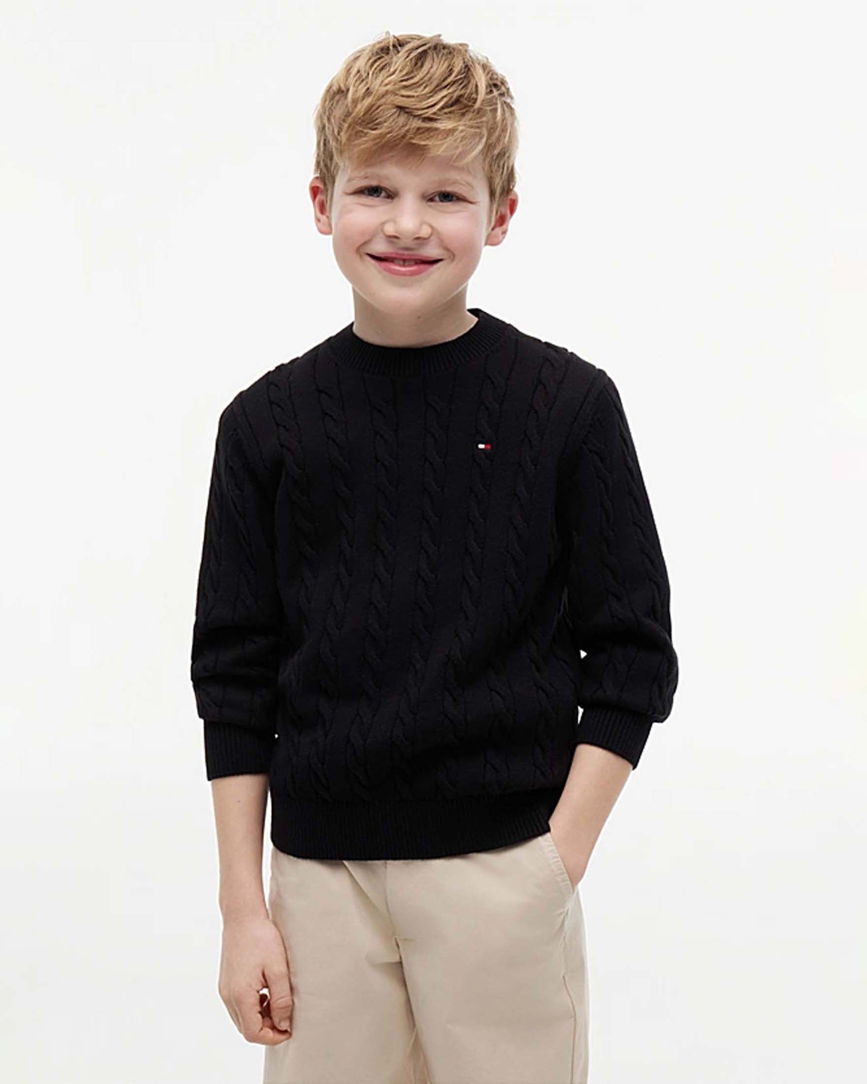 Maglioncino nero Tommy Hilfiger in cotone a trecce con bandiera logo icon