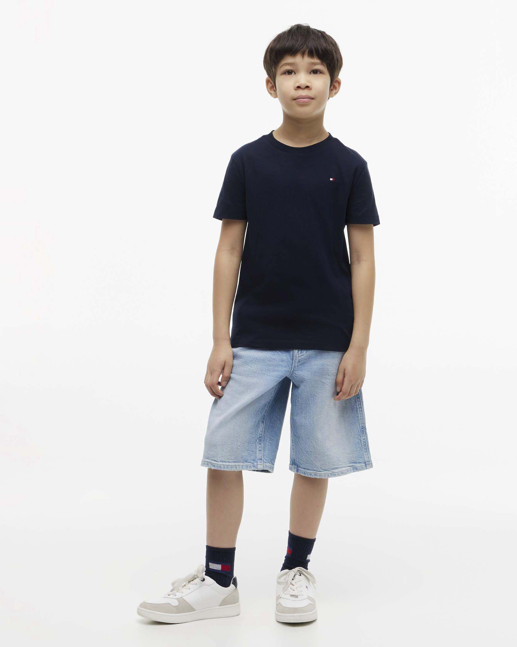 T-shirt blu Tommy Hilfiger in puro cotone con mini logo e scritta bianca