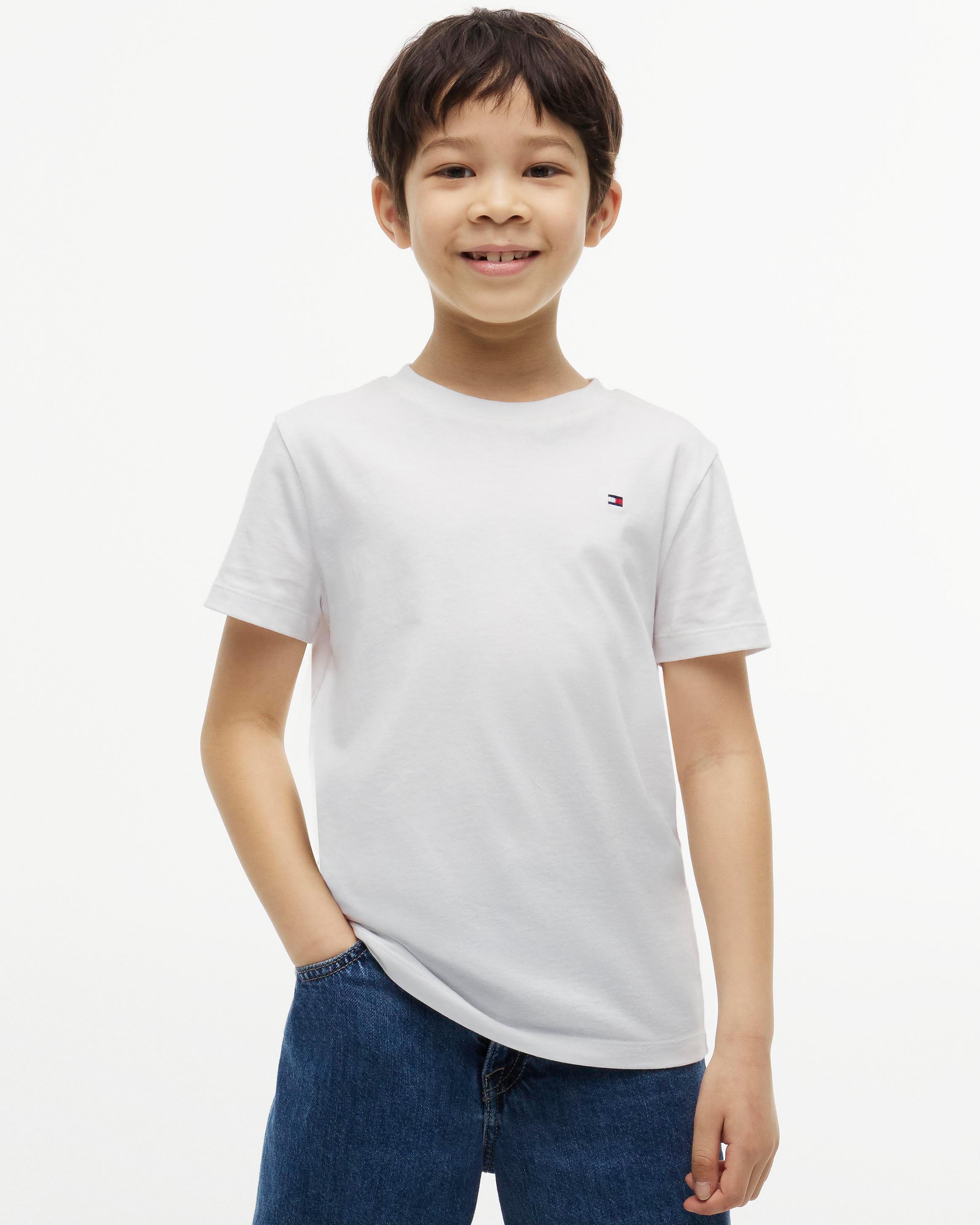 T-shirt bianca Tommy Hilfiger in puro cotone con mini logo e scritta blu