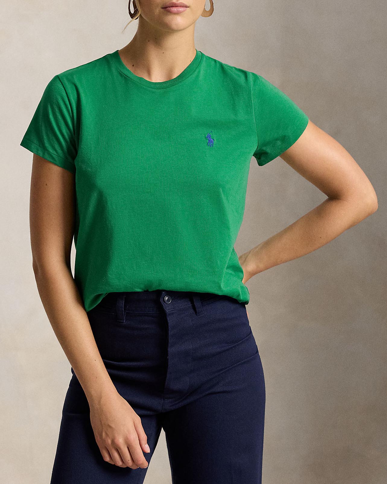 T-shirt girocollo Polo Ralph Lauren verde bottiglia in puro cotone con logo Pony ricamato a contrasto