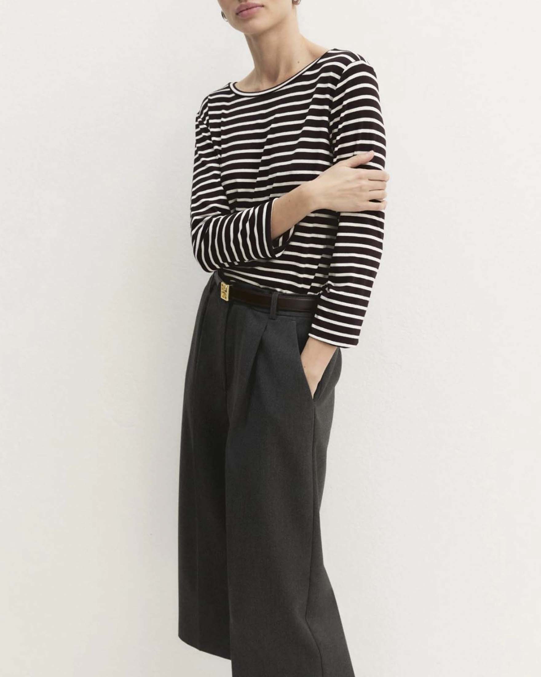 T-shirt Emme Marella marrone a righe bianche in jersey di viscosa stretch con maniche a tre quarti