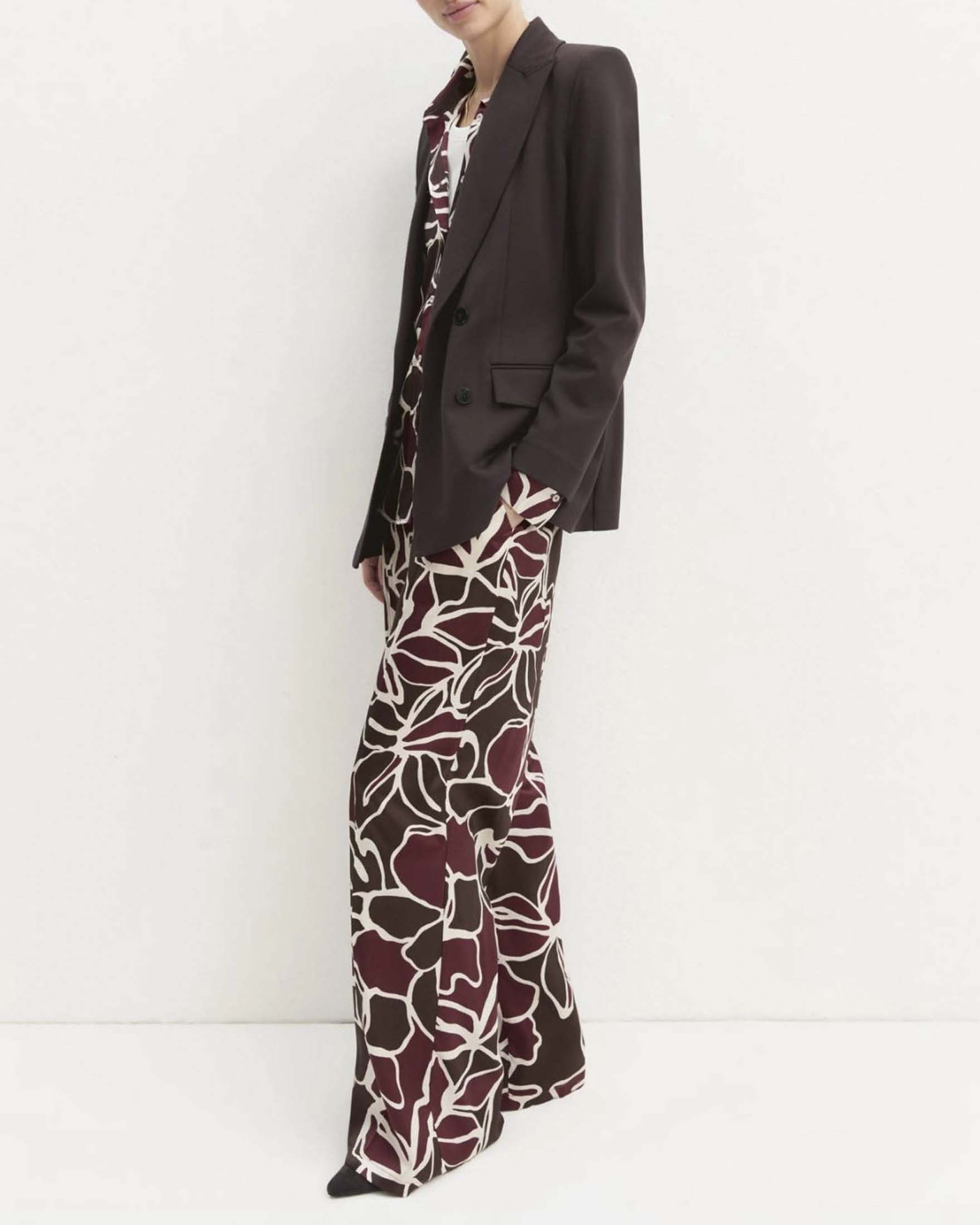 Emme Marella — Pantalone palazzo Emme Marella marrone in twill stampato a fiori bordeaux con vita elasticizzata