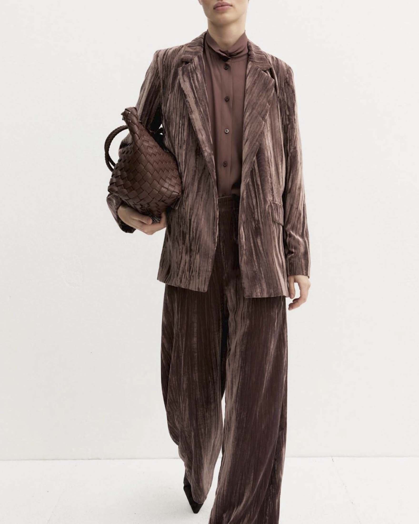 Blazer monopetto Emme Marella marrone in velluto stretch effetto crackle
