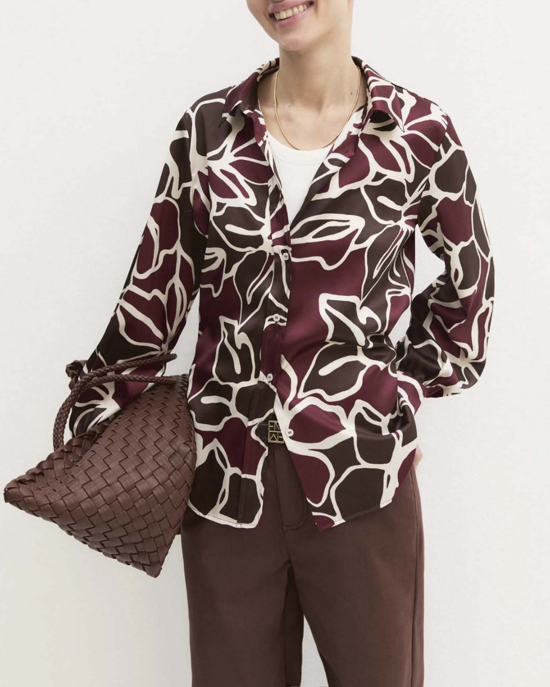 Emme Marella — Camicia Emme Marella marrone e bordeaux in twill stampato a fiori semiaderente