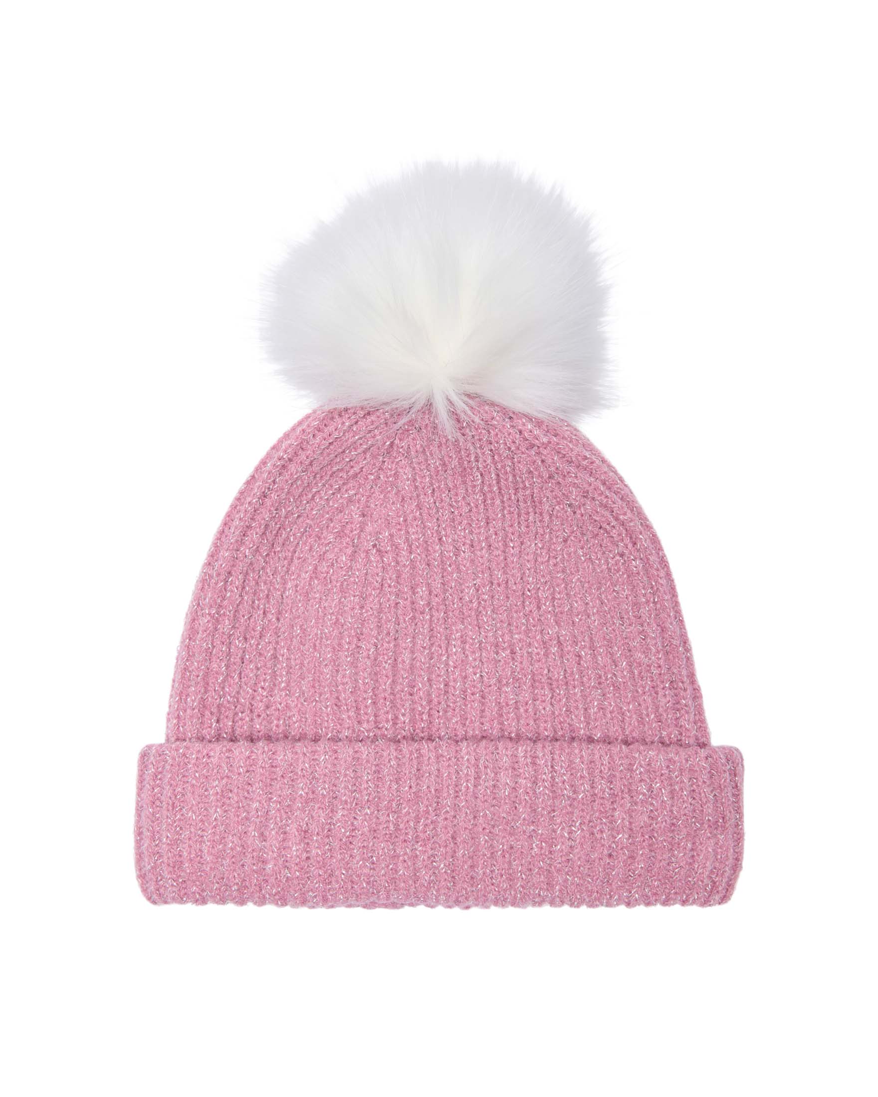 Berretto Kids Only malva a coste in misto acrilico con pompon bianco e lurex