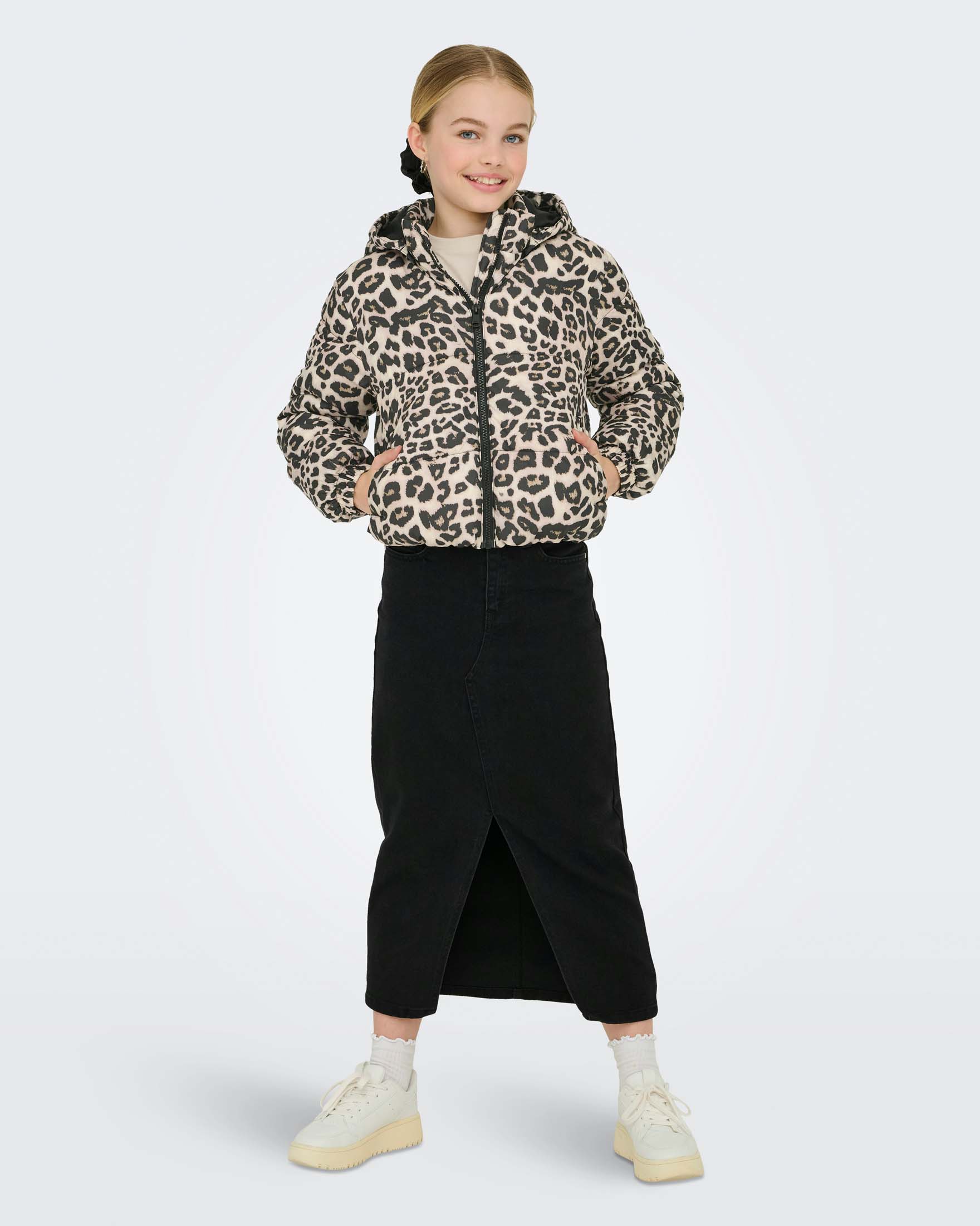 Giaccone trapuntato Kids Only animalier beige e nero con cappuccio