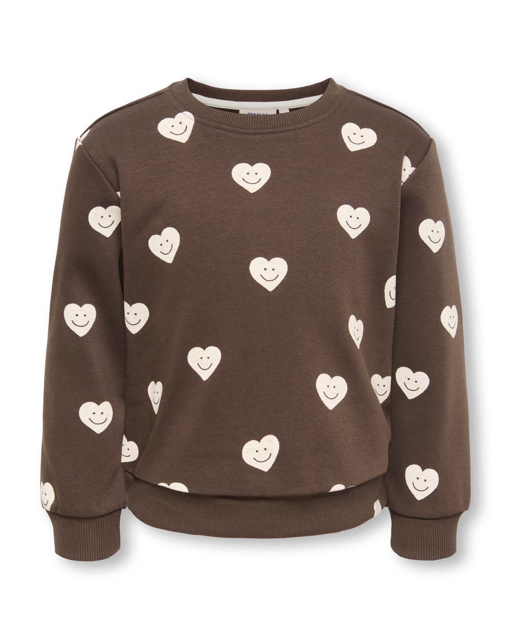 Felpa girocollo Kids Only marrone in misto cotone con stampa a cuori