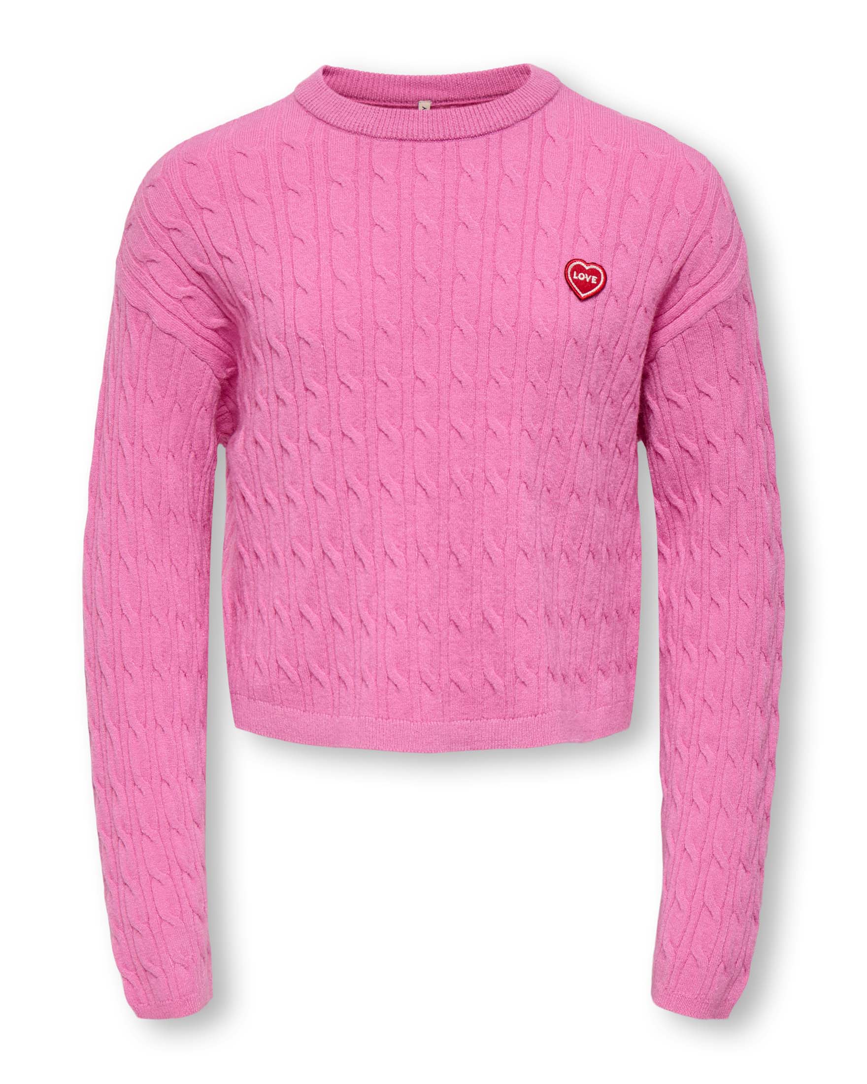Maglione Kids Only rosa in misto viscosa a trecce con cuore ricamato