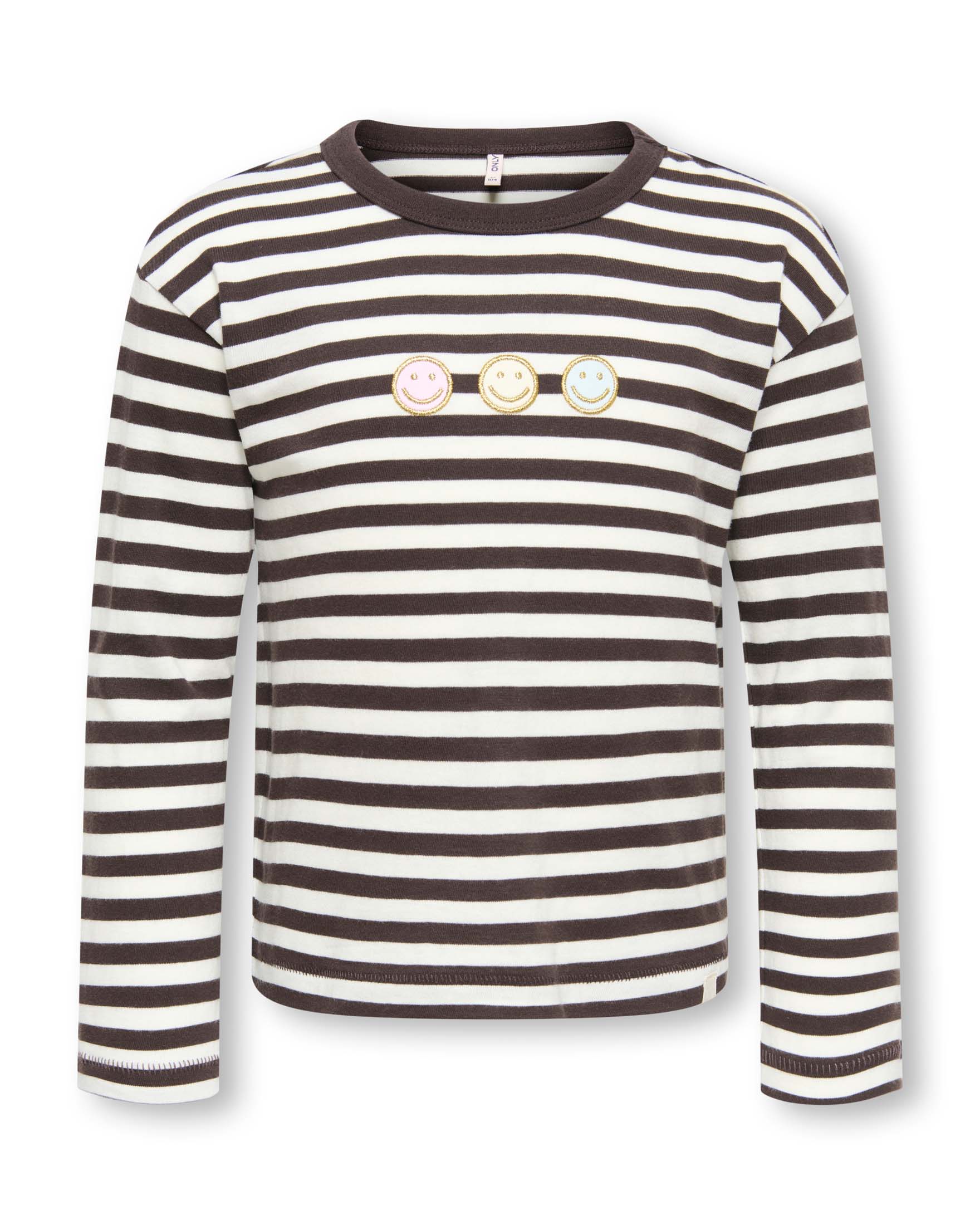 T-shirt manica lunga Kids Only marrone a righe in cotone con faccine ricamate