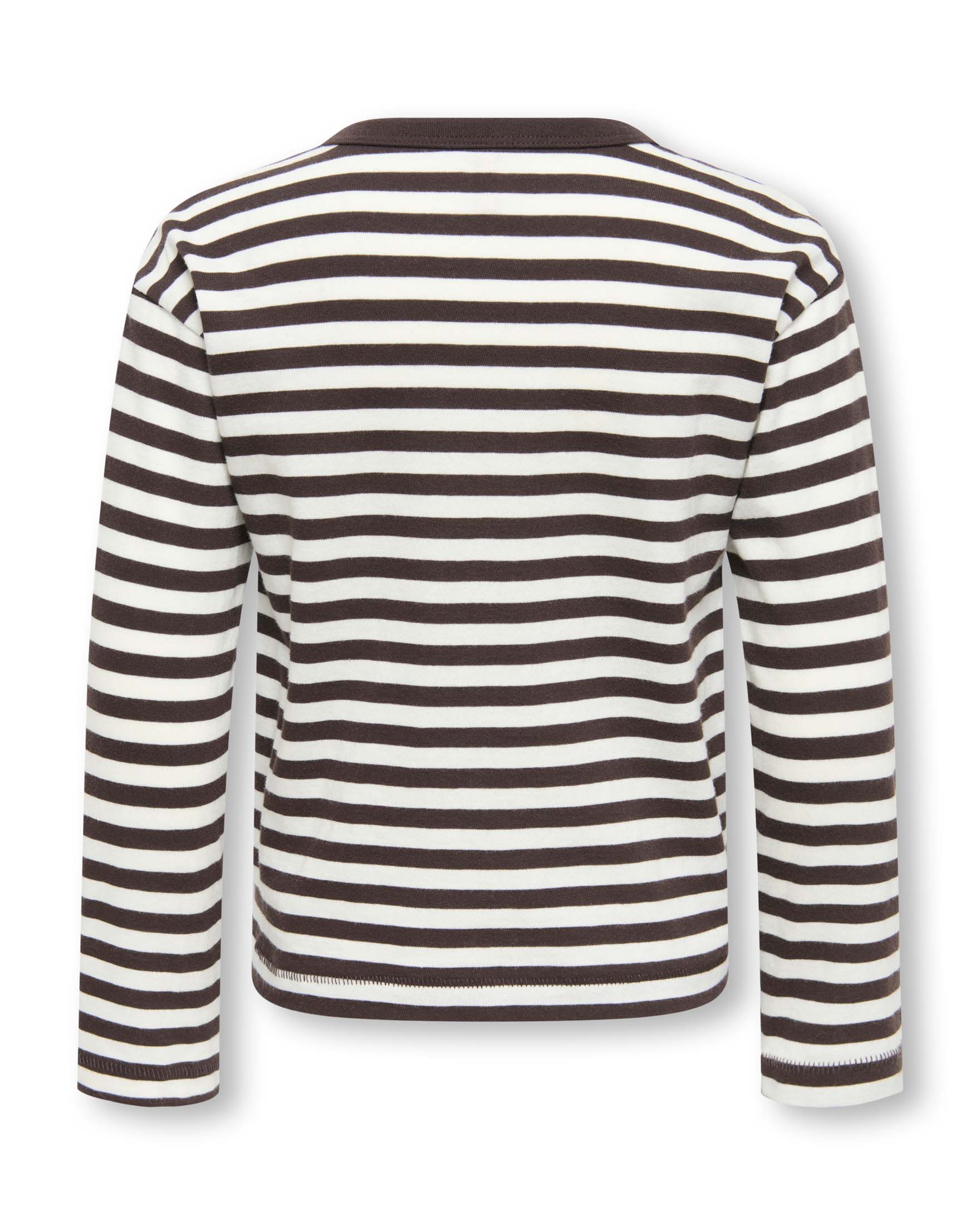 T-shirt manica lunga Kids Only marrone a righe in cotone con faccine ricamate image