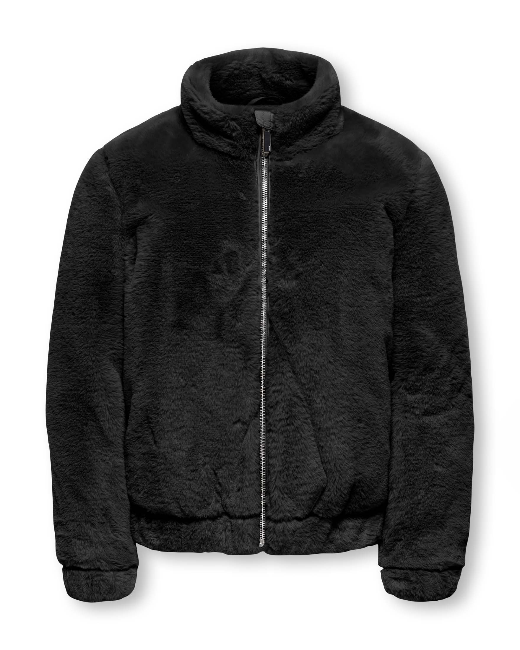 Giaccone Kids Only nero in ecopelliccia con collo alto e zip frontale
