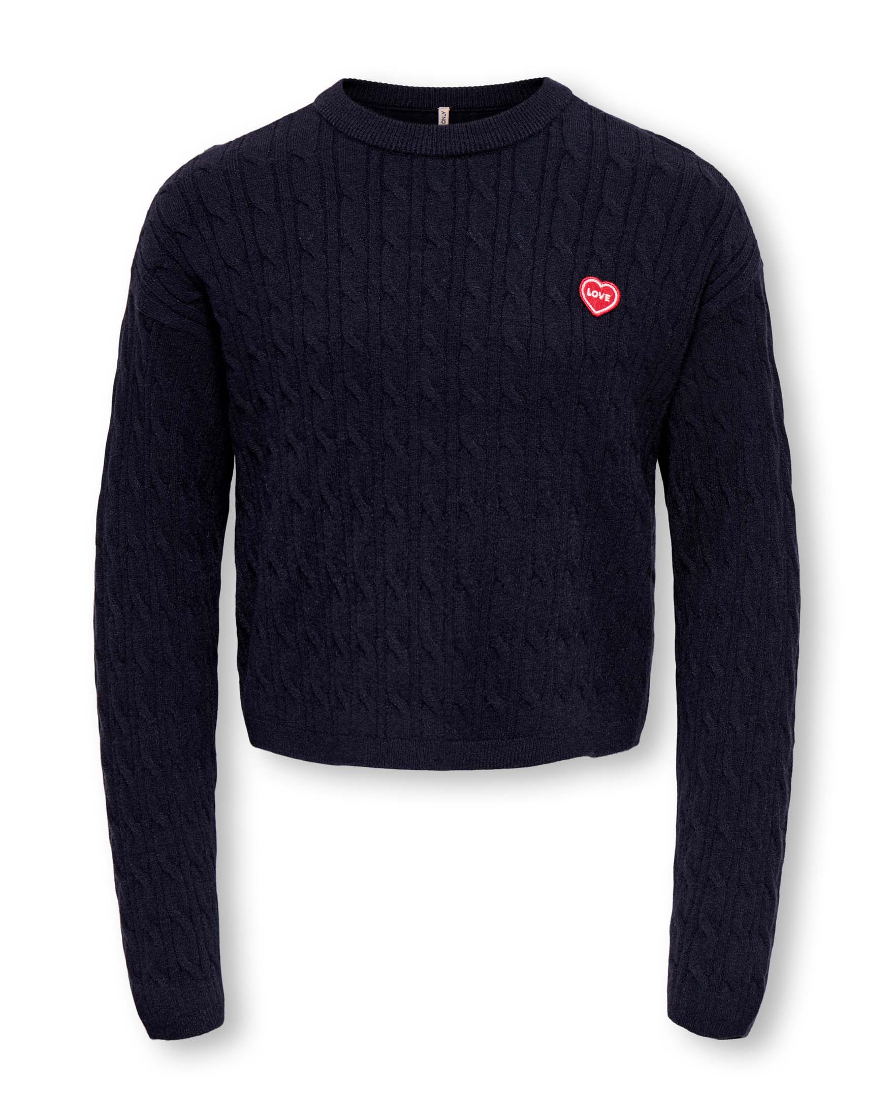 Maglione Kids Only blu in misto viscosa a trecce con cuore ricamato