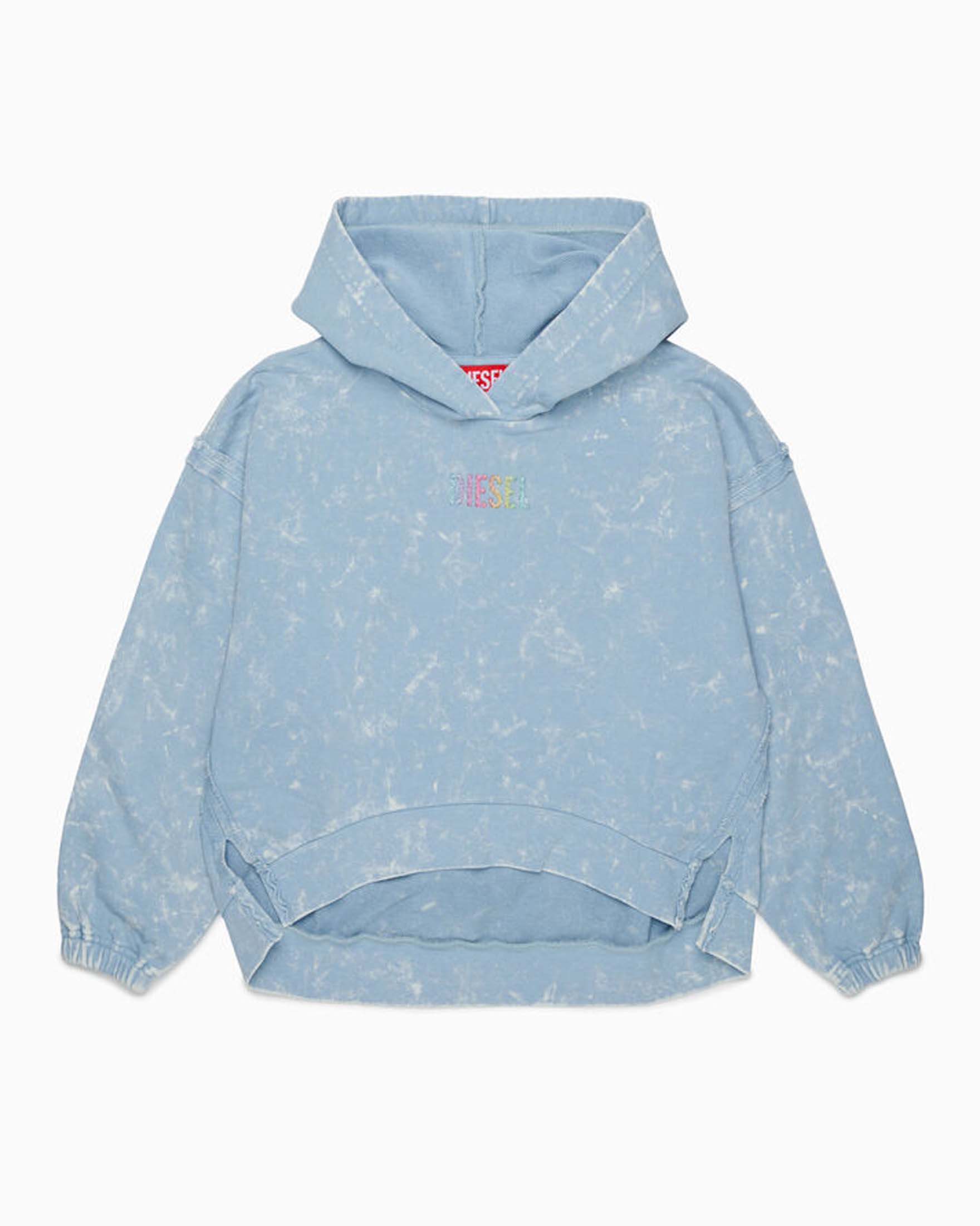 Felpa azzurra Diesel effetto tie-dye con cappuccio e logo multicolor