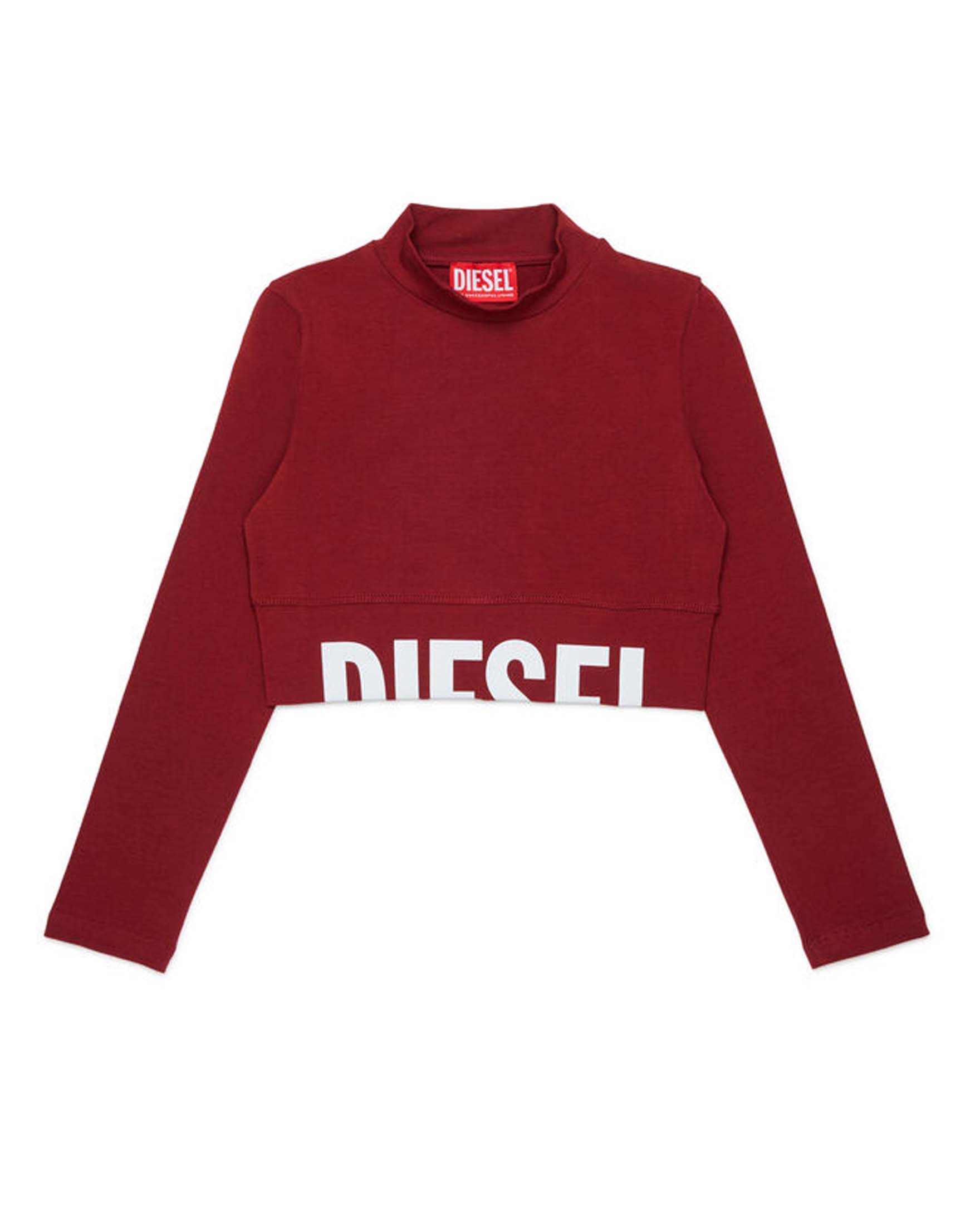 T-shirt cropped bordeaux Diesel a lupetto e scritta logo bianca