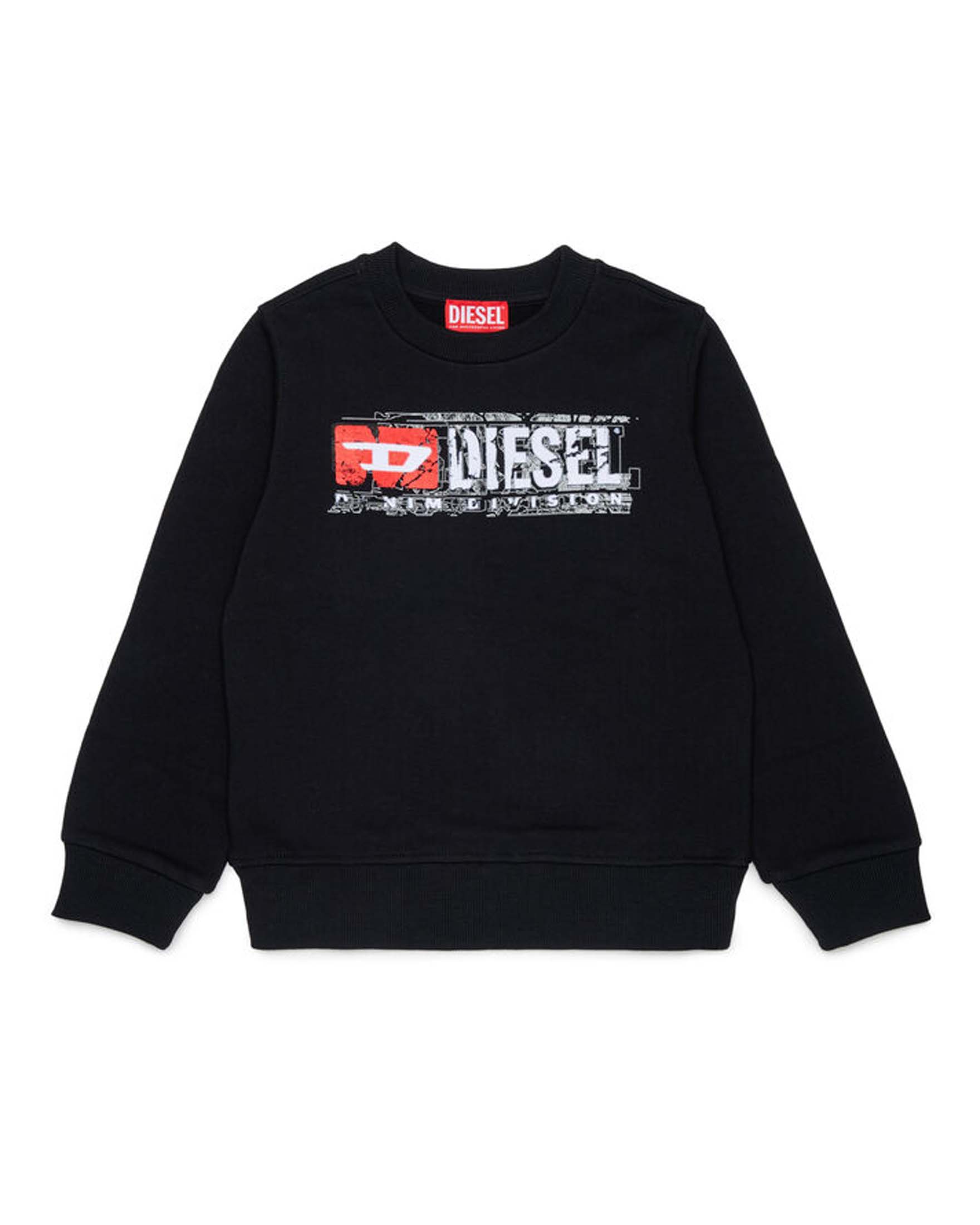 Felpa nera Diesel in puro cotone con logo effetto distressed