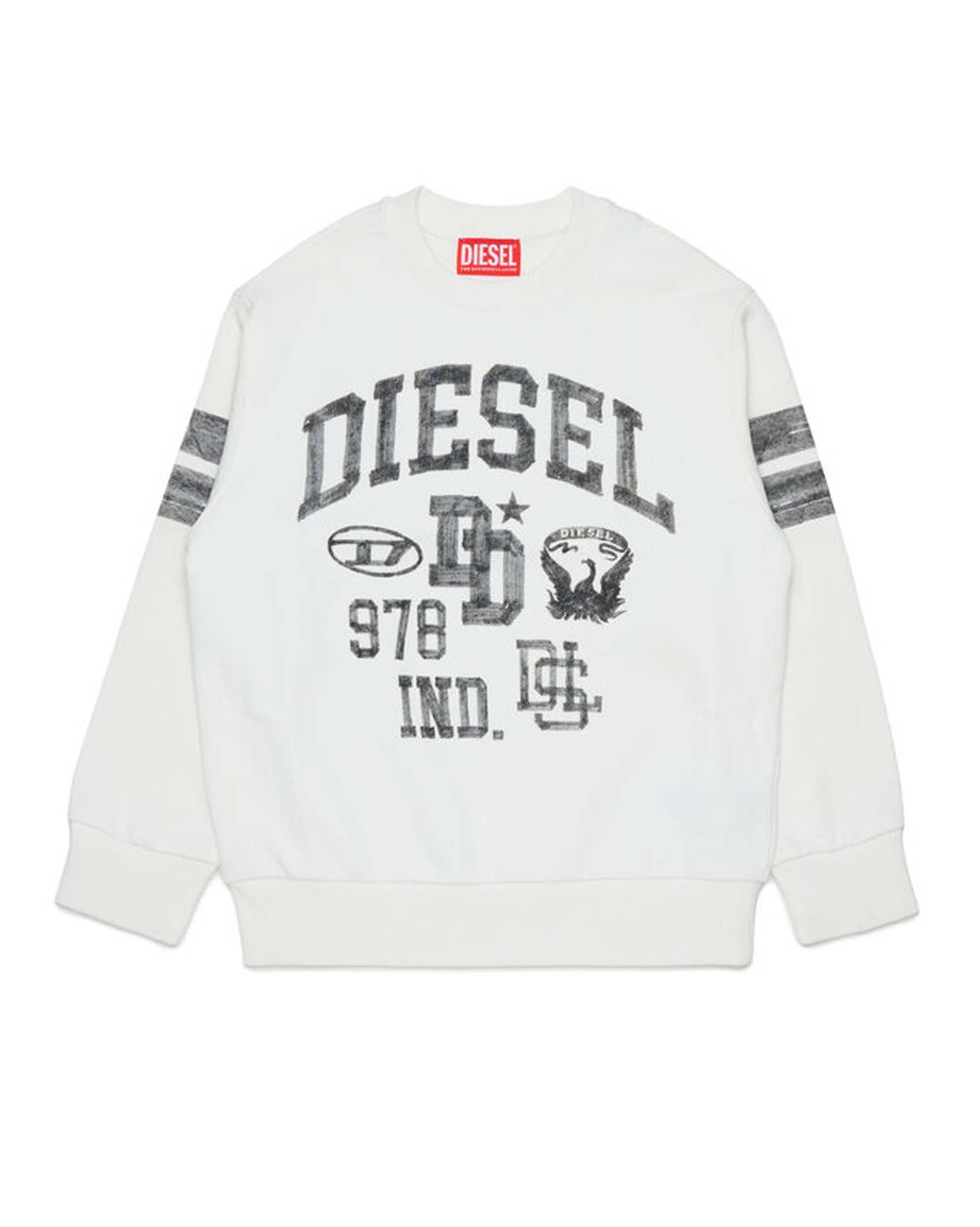 Felpa bianca Diesel in puro cotone con stampe college grigie