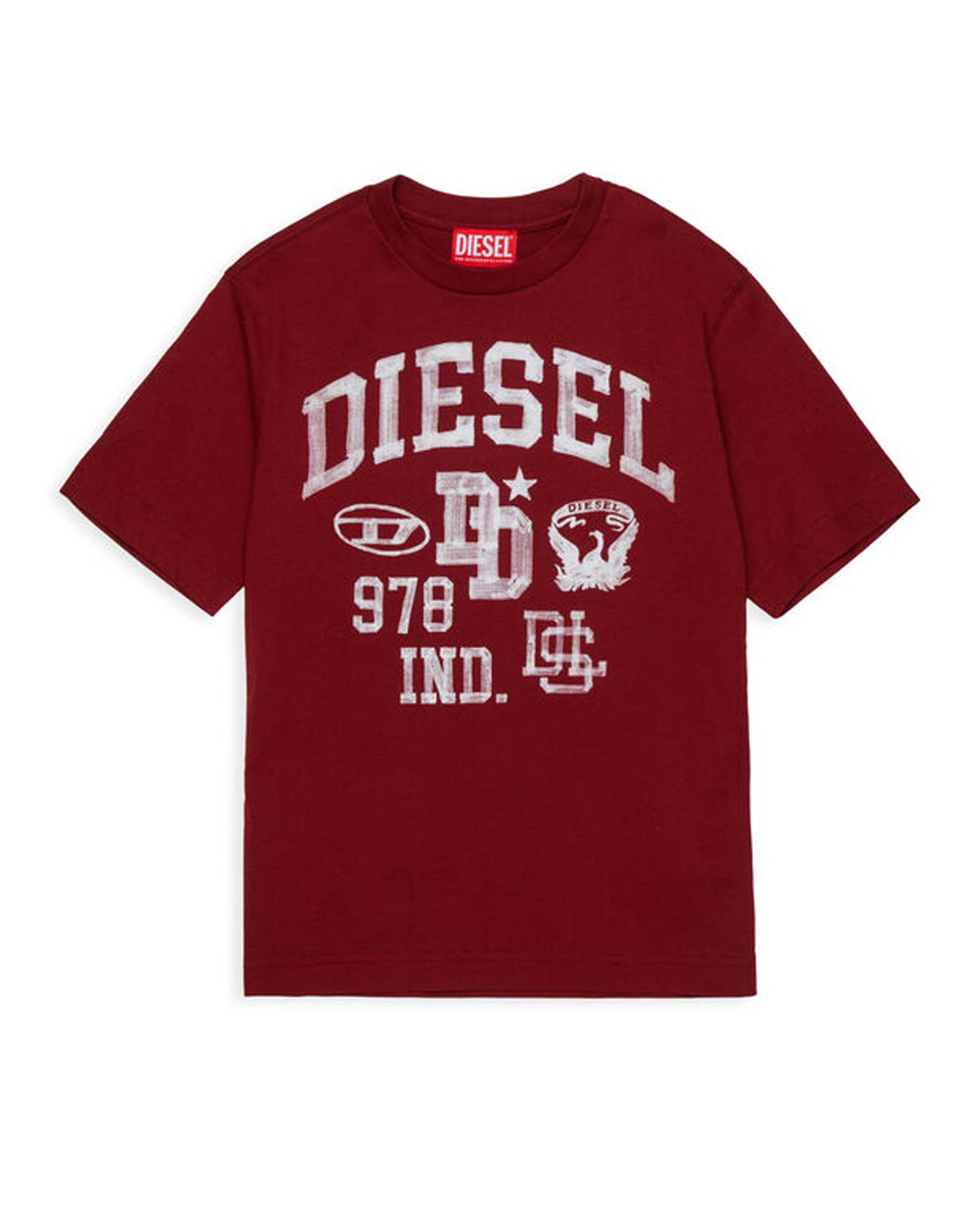 T-shirt bordeaux Diesel con stampe college bianche