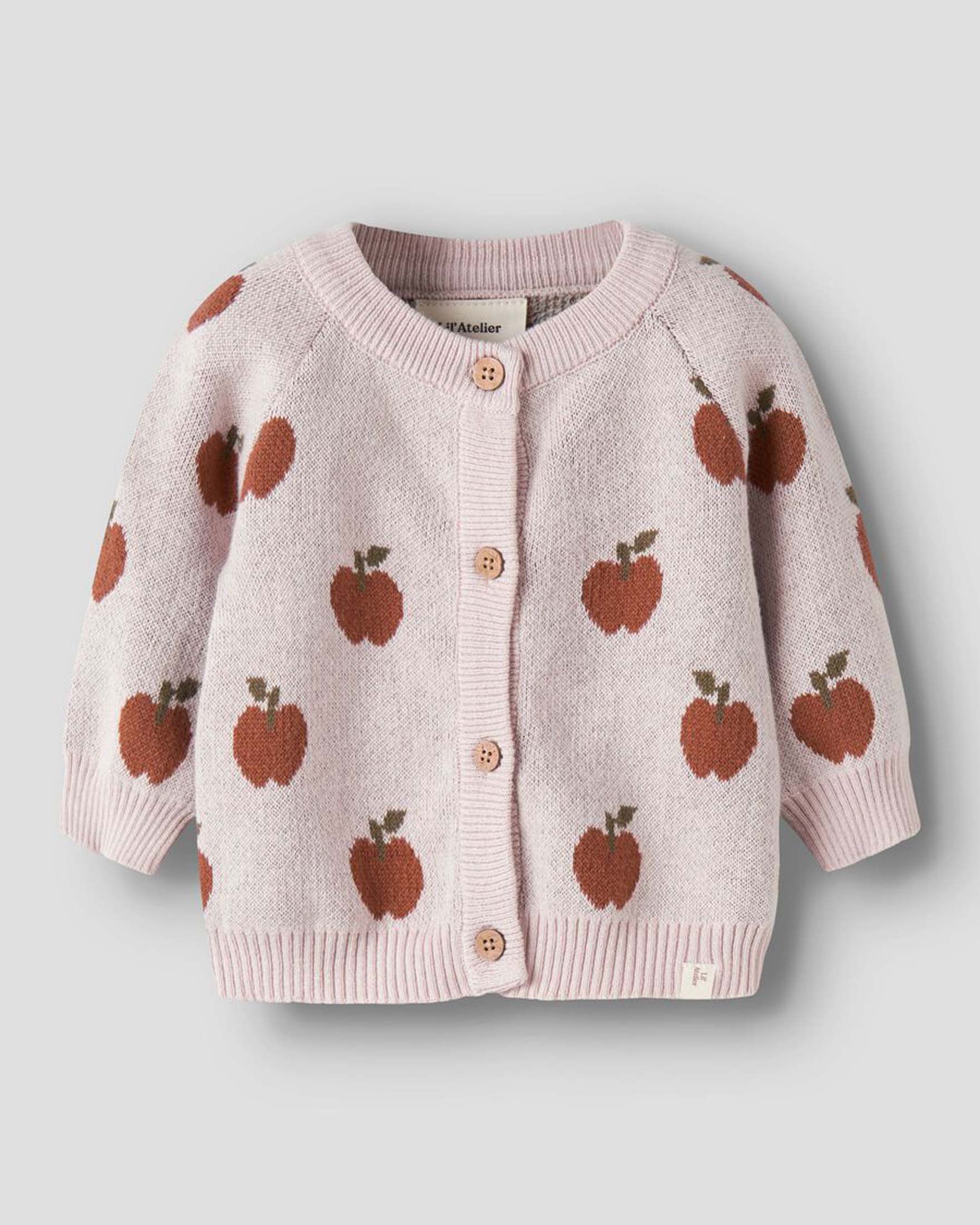 Cardigan Lil'Atelier rosa con fantasia mele rosse tricot in misto cotone