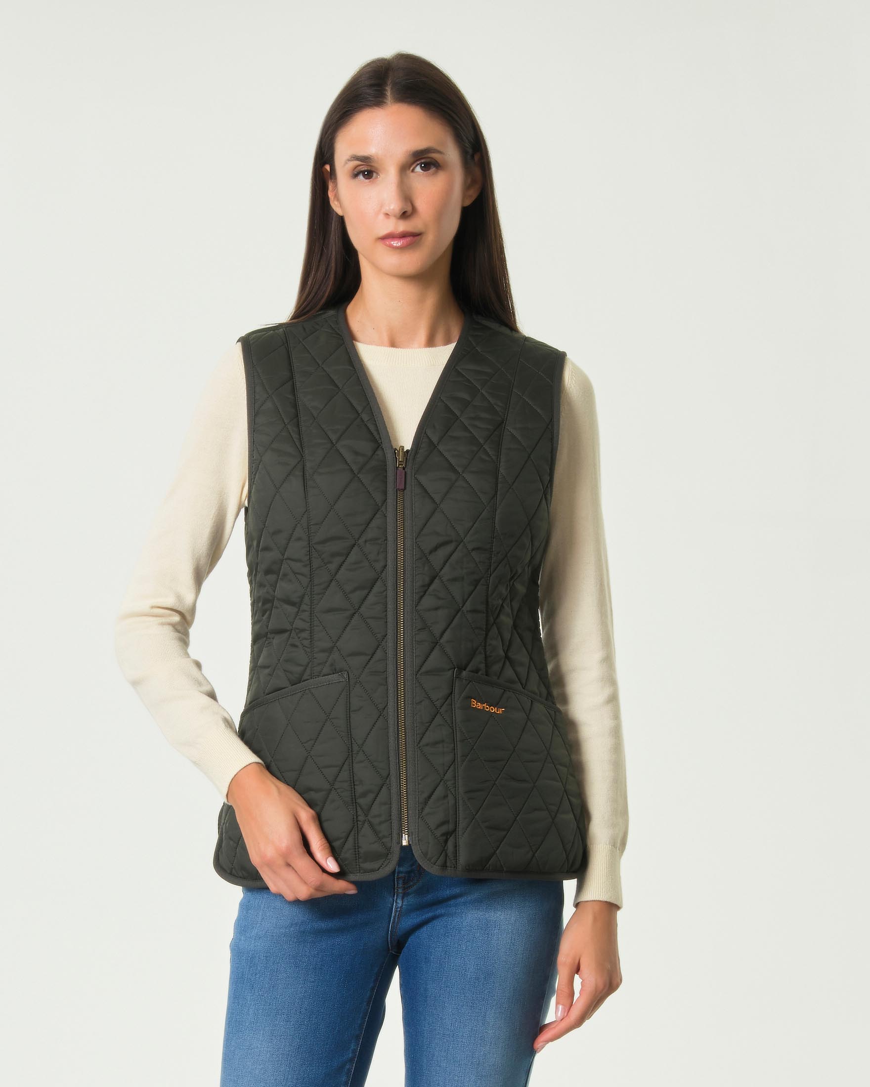 Gilet sfiancato reversibile Betty Fleece Barbour trapuntato verde oliva con scollo a V e chiusura zip