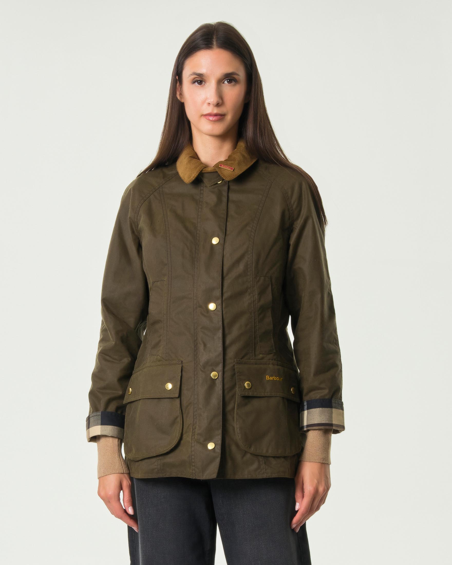 Giacca dritta Icons Beadnell Barbour color khaki in cotone cerato con zip e tasche applicate con patta