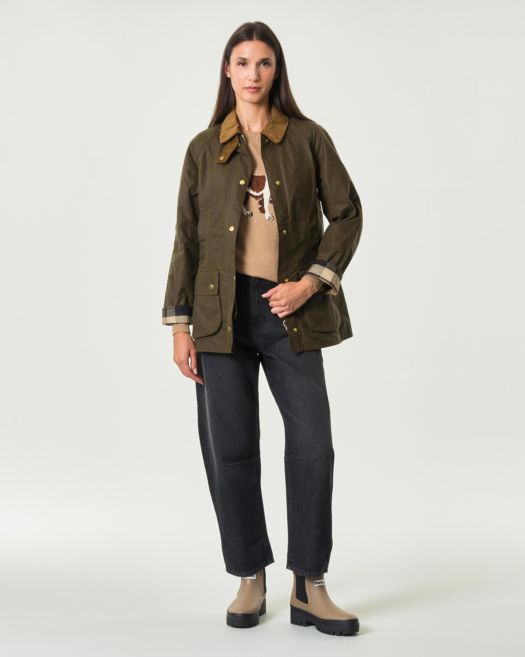 Giacca dritta Icons Beadnell Barbour color khaki in cotone cerato con zip e tasche applicate con patta image