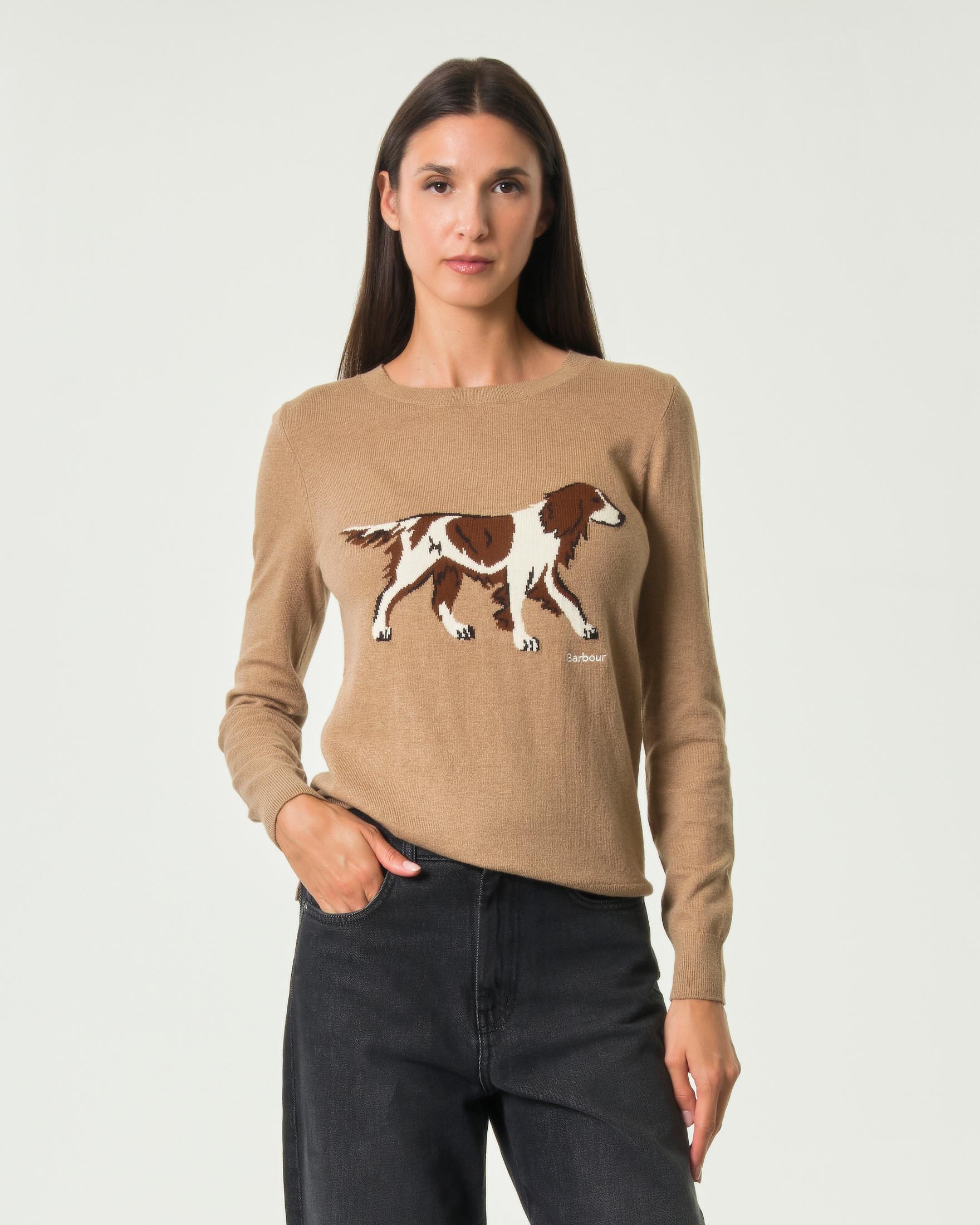 Maglia girocollo Fareham Barbour color cammello in cotone e cashmire con cane ricamato