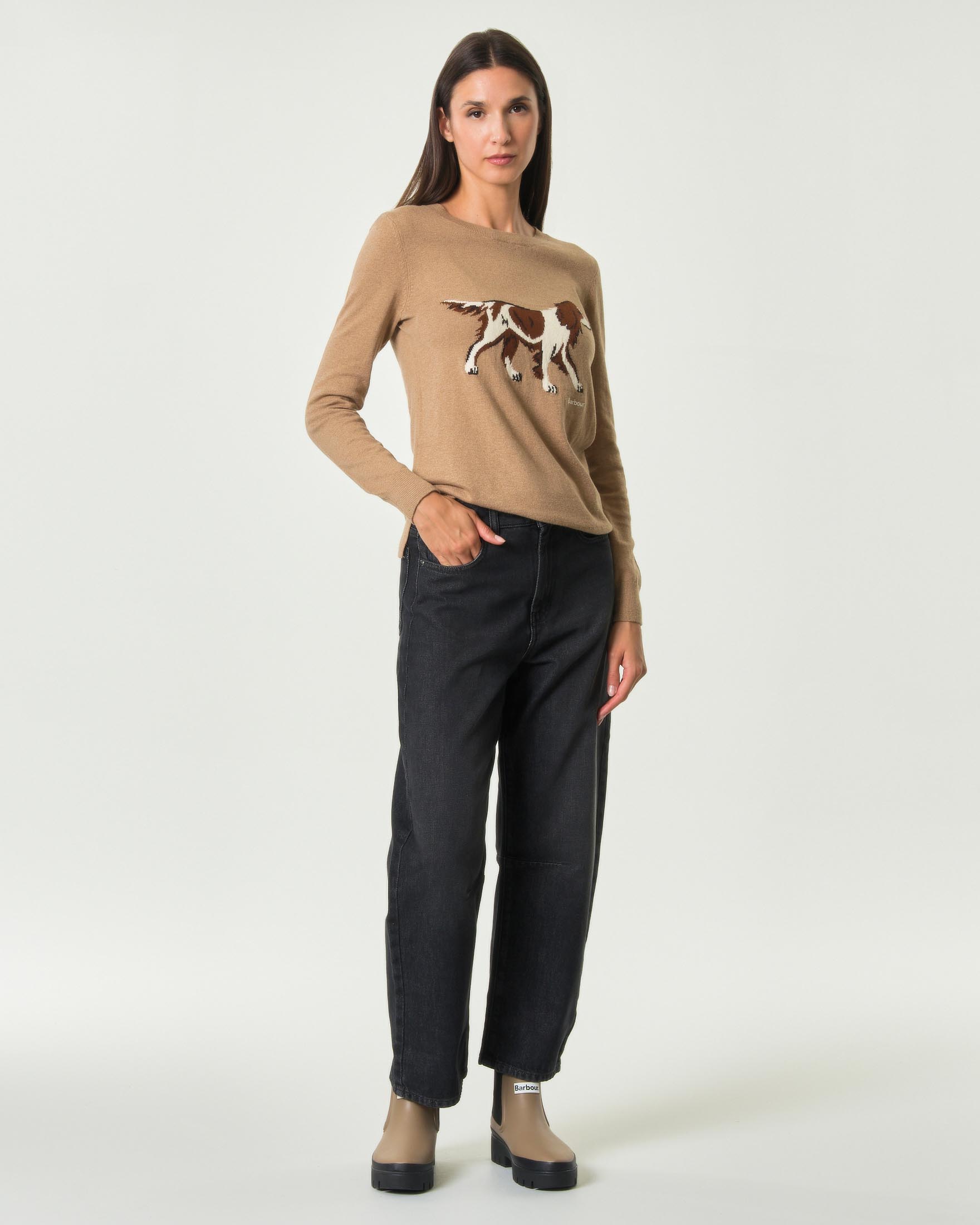 Maglia girocollo Fareham Barbour color cammello in cotone e cashmire con cane ricamato image