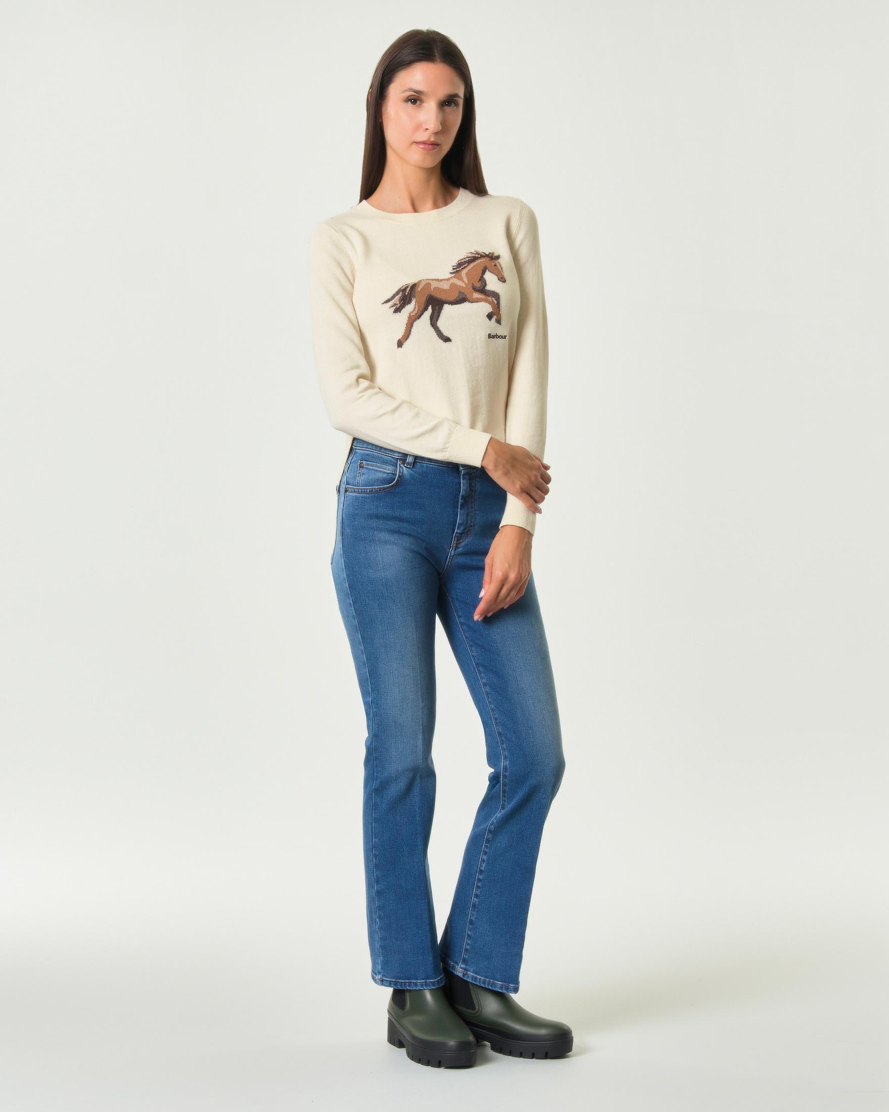 Maglia girocollo Fareham Barbour bianco in cotone e cashmire con cavallo ricamato