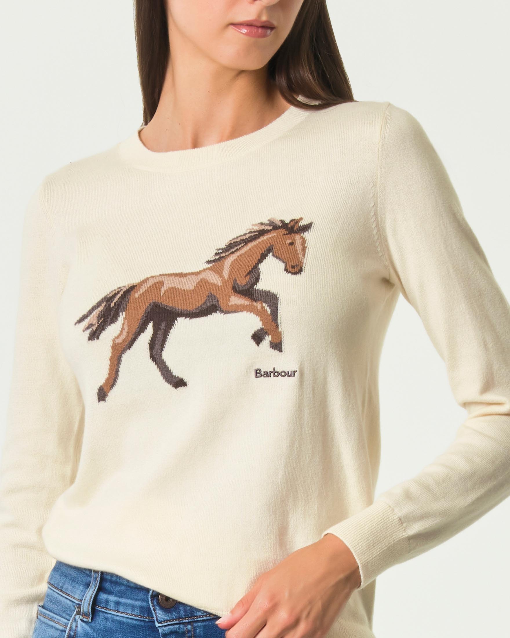 Maglia girocollo Fareham Barbour bianco in cotone e cashmire con cavallo ricamato image