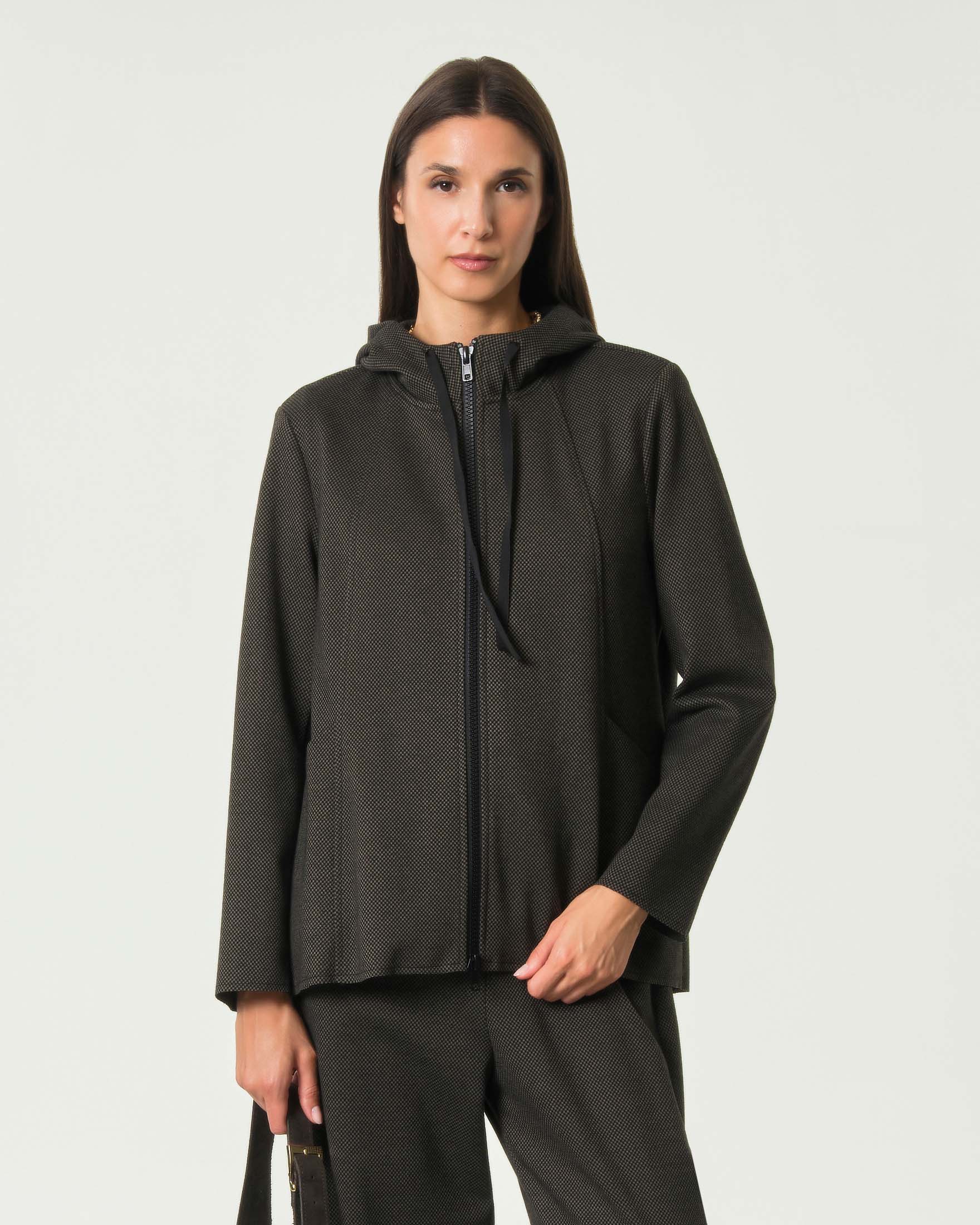 Felpa con cappuccio Jurerê in jacquard nero e marrone a chiusura zip frontale