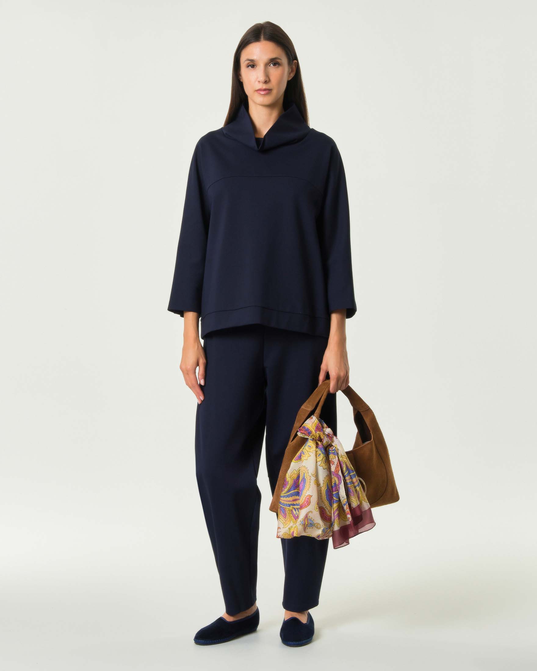 Pantaloni balloon Jurerê blu in punto Milano di viscosa stretch con tasche e vita elasticizzata