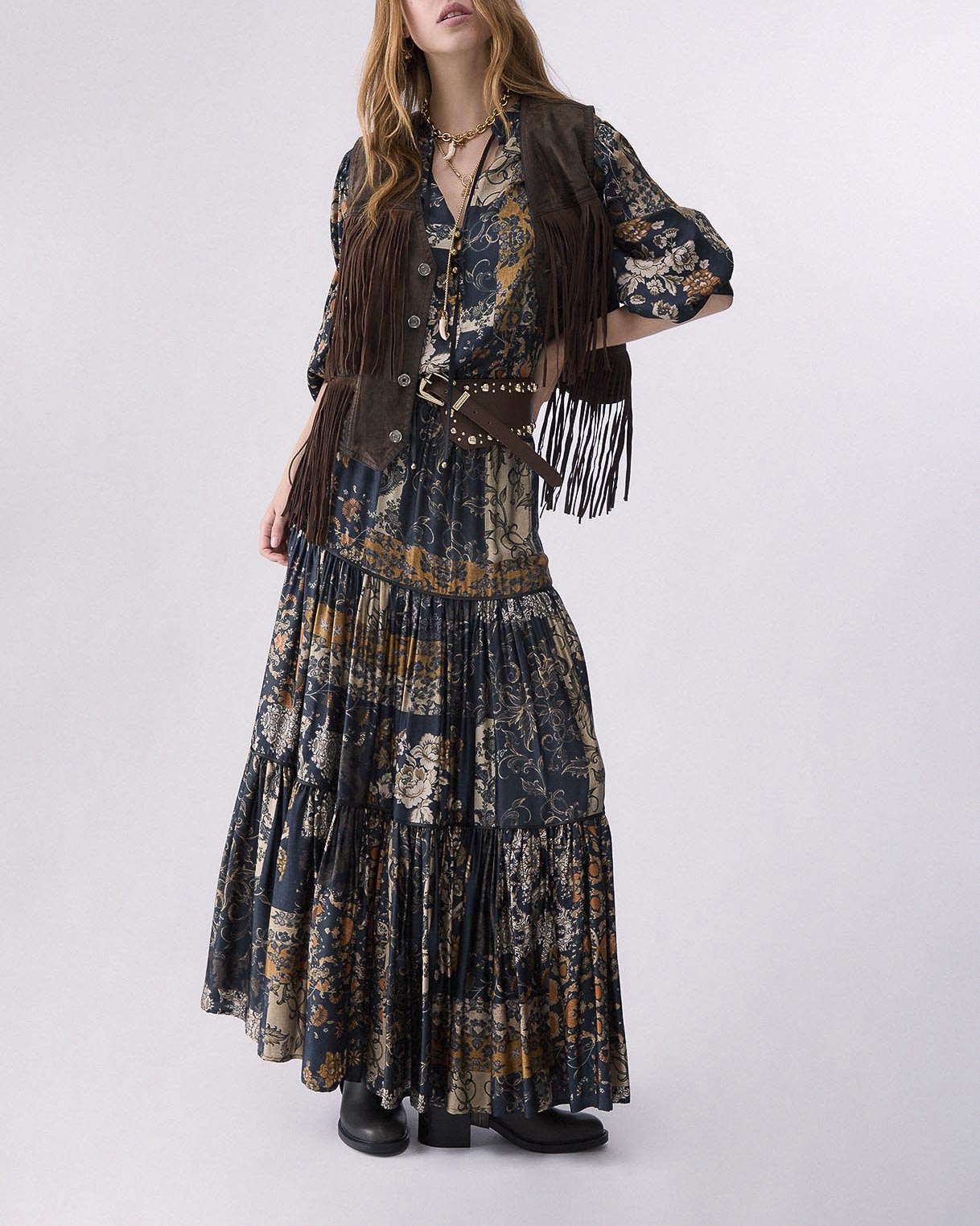 Blusa Liu Jo blu e ocra in crêpe stampato a fantasia floreale con scollo a V e maniche a sbuffo