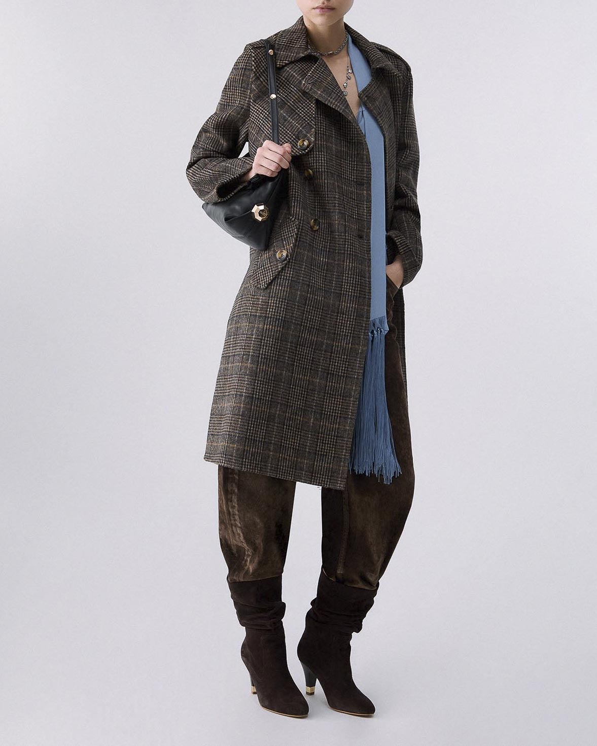 Cappotto lungo Liu Jo grigio in panno double di misto lana a fantasia check marrone
