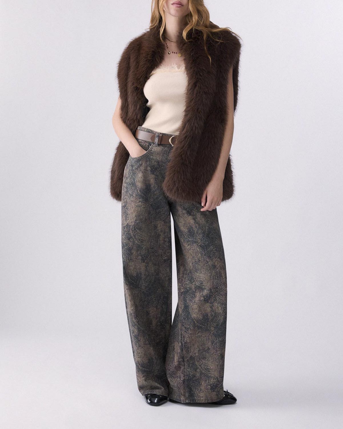 Jeans balloon Liu Jo marroni a stampa glitter paisley in denim di puro cotone