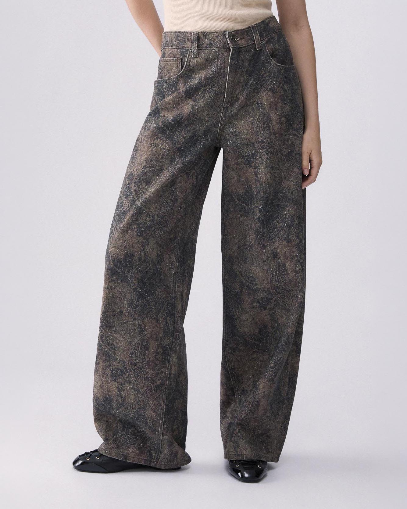 Jeans balloon Liu Jo marroni a stampa glitter paisley in denim di puro cotone image