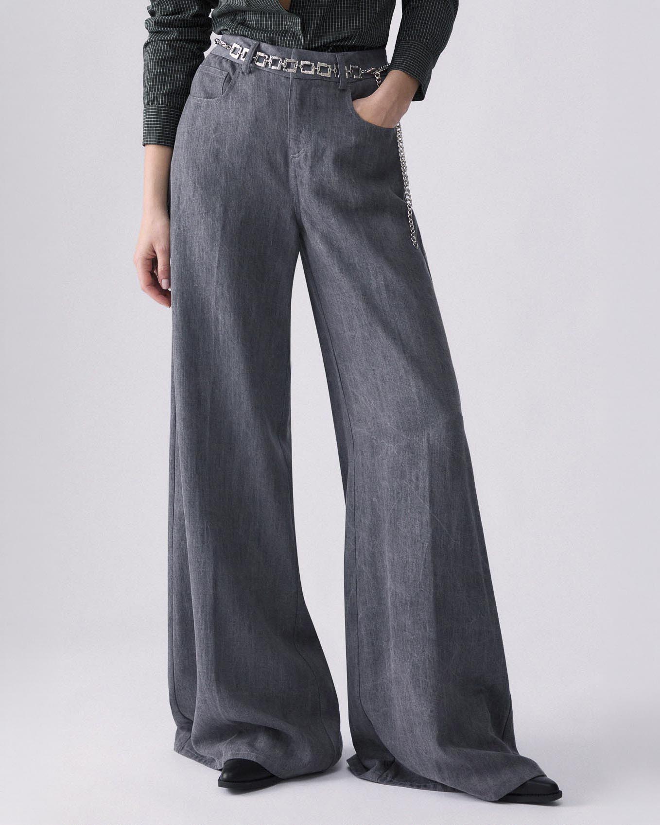 Pantaloni flare Liu Jo grigi in denim lavato di lyocell con catena decorativa image