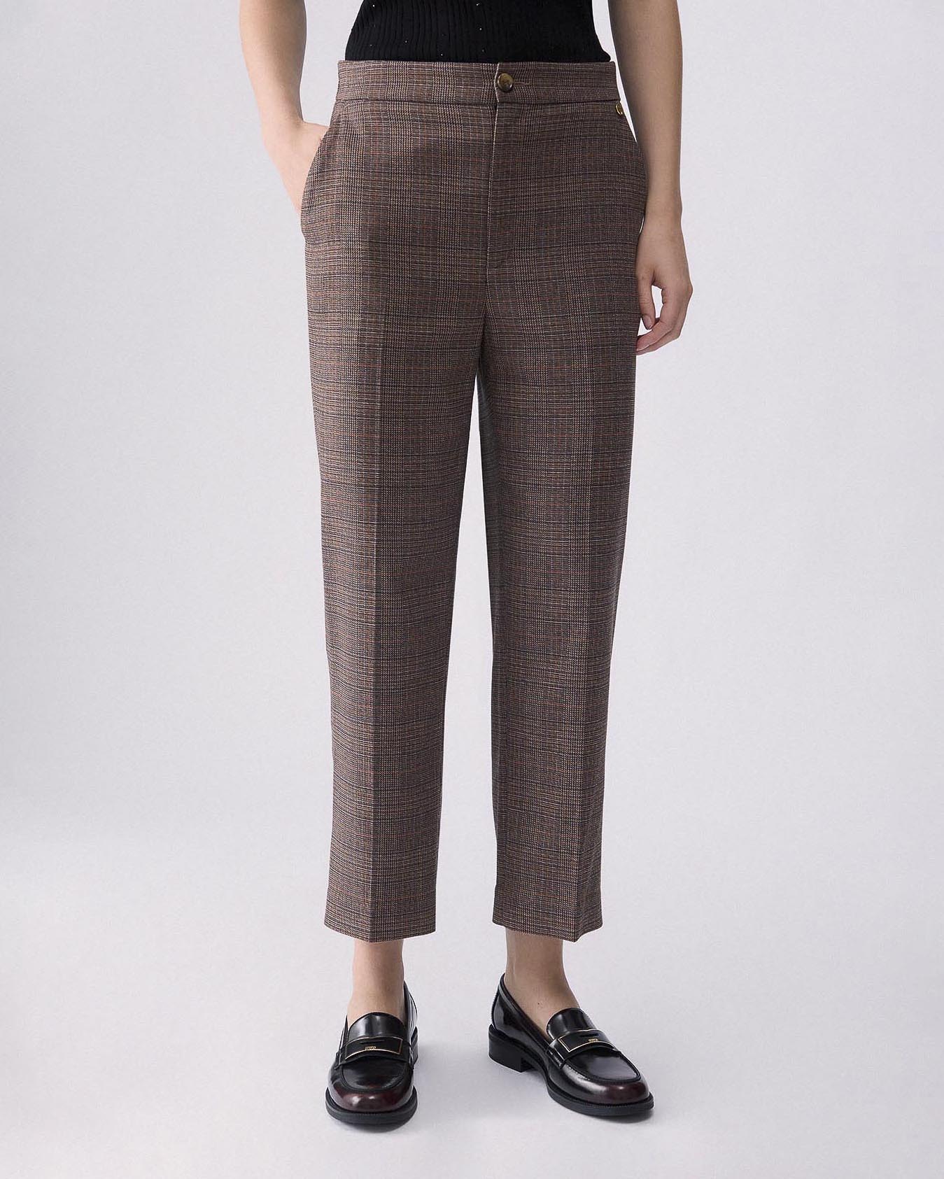 Pantaloni a sigaretta Liu Jo marroni in misto viscosa a motivo check con piega stirata image
