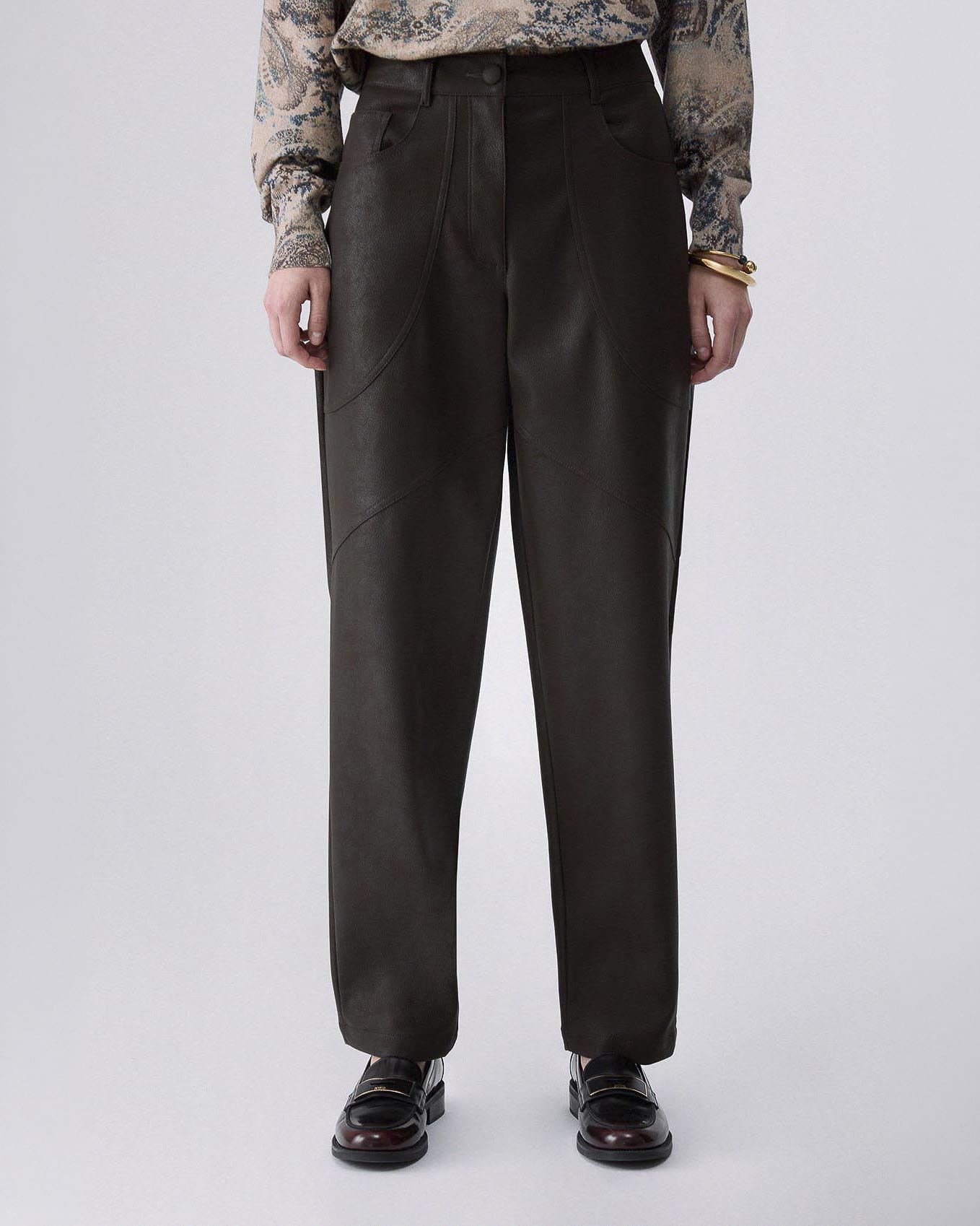 Pantaloni baggy Liu Jo in  similpelle color testa di moro a vita alta con cuciture decorative image
