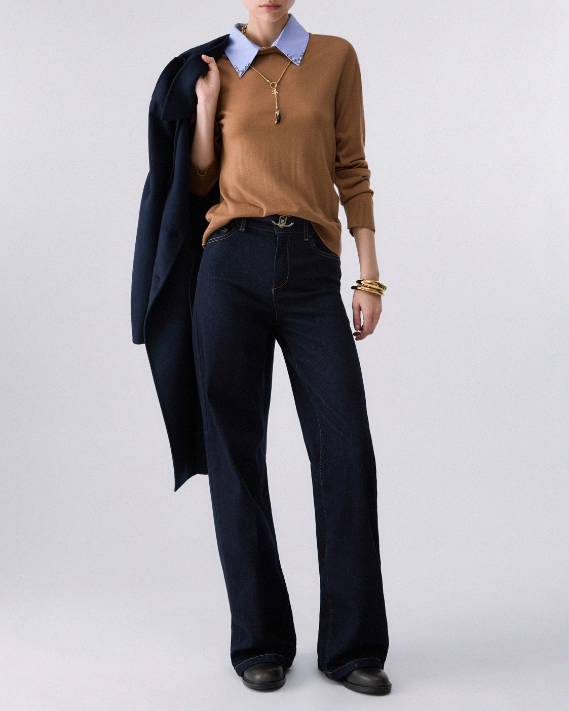 Jeans flare Liu Jo blu notte in denim di cotone stretch con cintura sottile in denim con logo dorato
