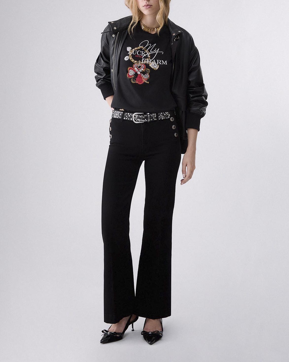 T-Shirt girocollo slim Liu Jo nera a stampa quadrifoglio e scritta argento con strass applicati