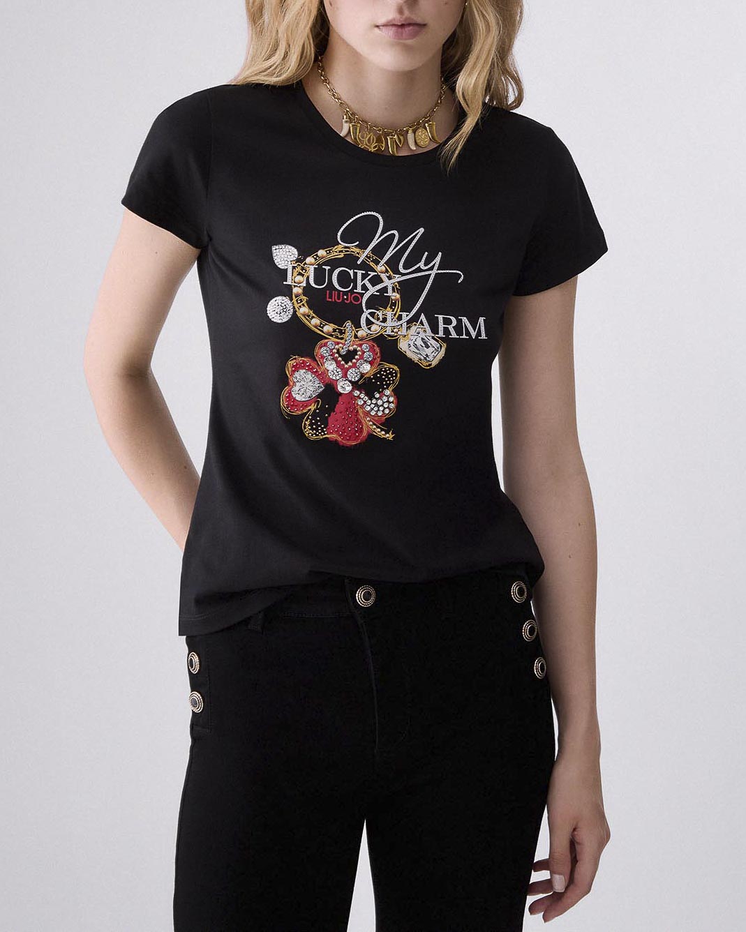 T-Shirt girocollo slim Liu Jo nera a stampa quadrifoglio e scritta argento con strass applicati image