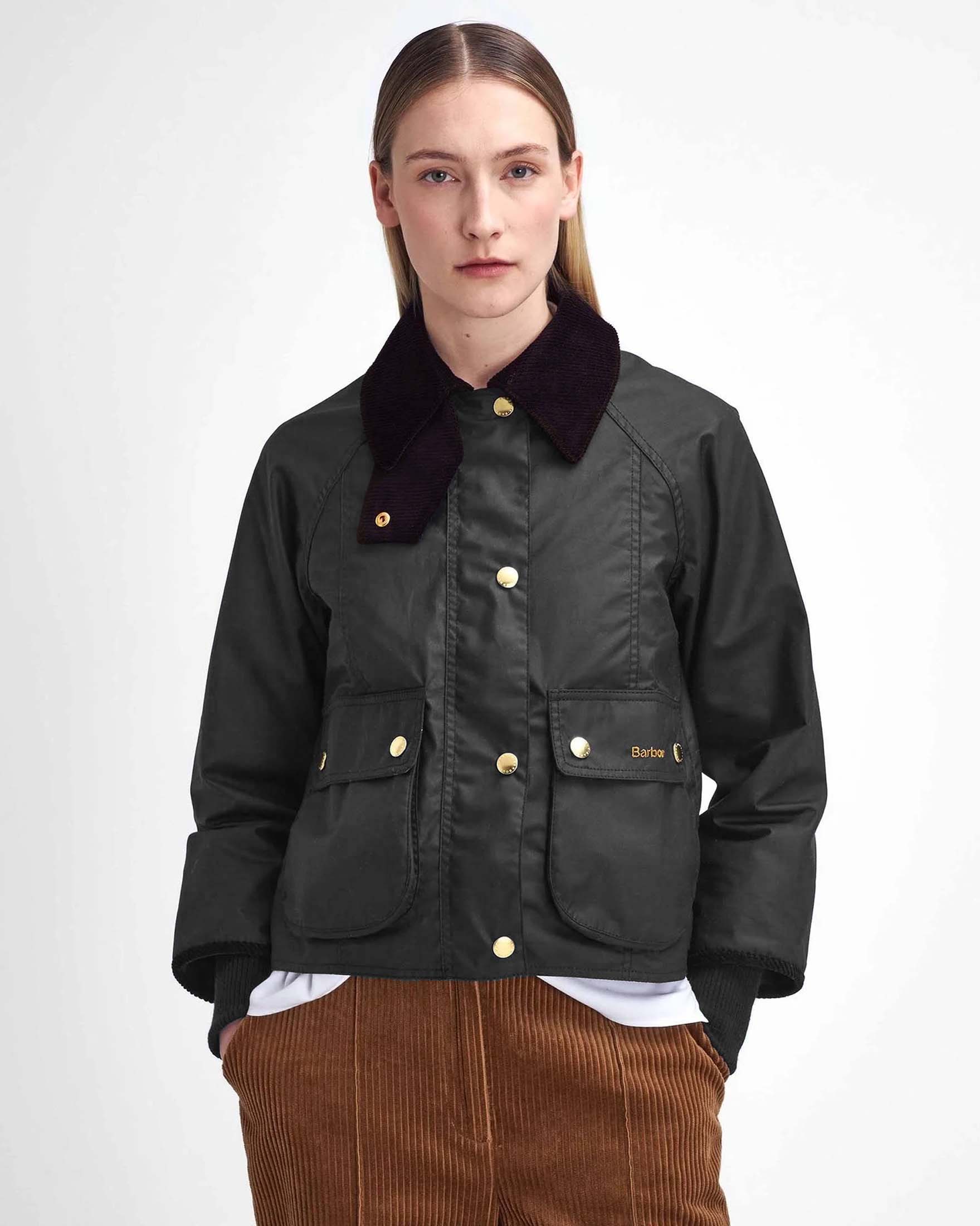Giaccone cropped nero Beadnell in cotone cerato con colletto in cotone a costine