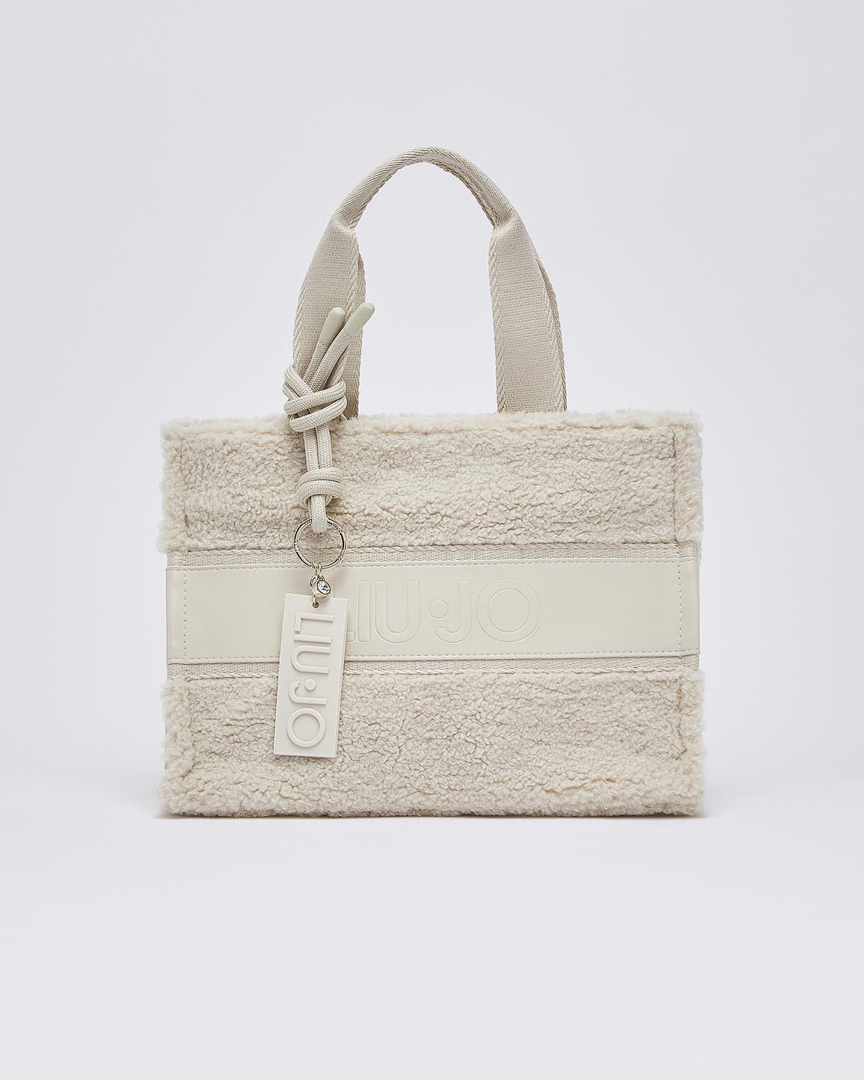 Borsa a mano piccola Liu Jo Sport color avorio in teddy con charm e fascia con logo