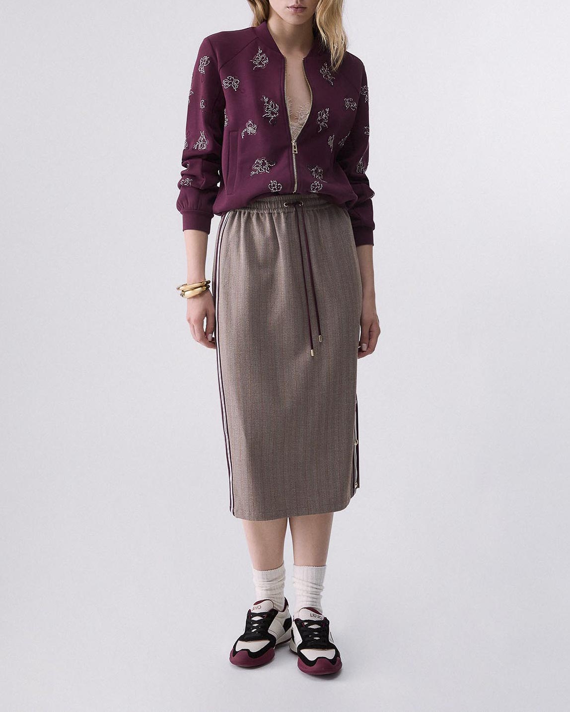 Felpa a bomber Liu Jo Sport bordeaux in scuba con ricami gioiello all-over