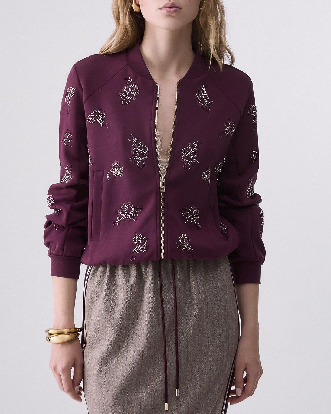 Felpa a bomber Liu Jo Sport bordeaux in scuba con ricami gioiello all-over image