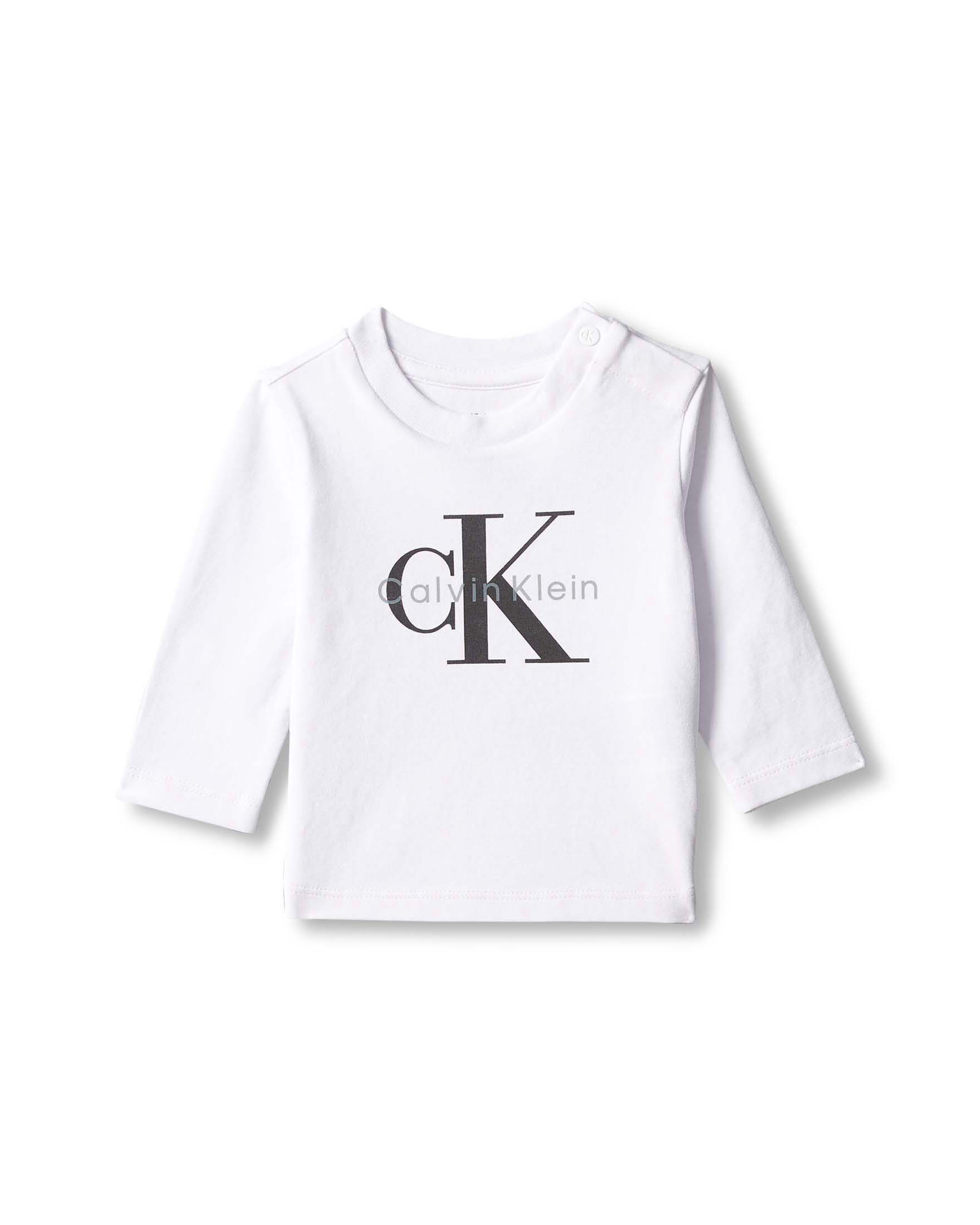 T-shirt Calvin Klein bianca in cotone stretch a maniche lunghe con logo monogram