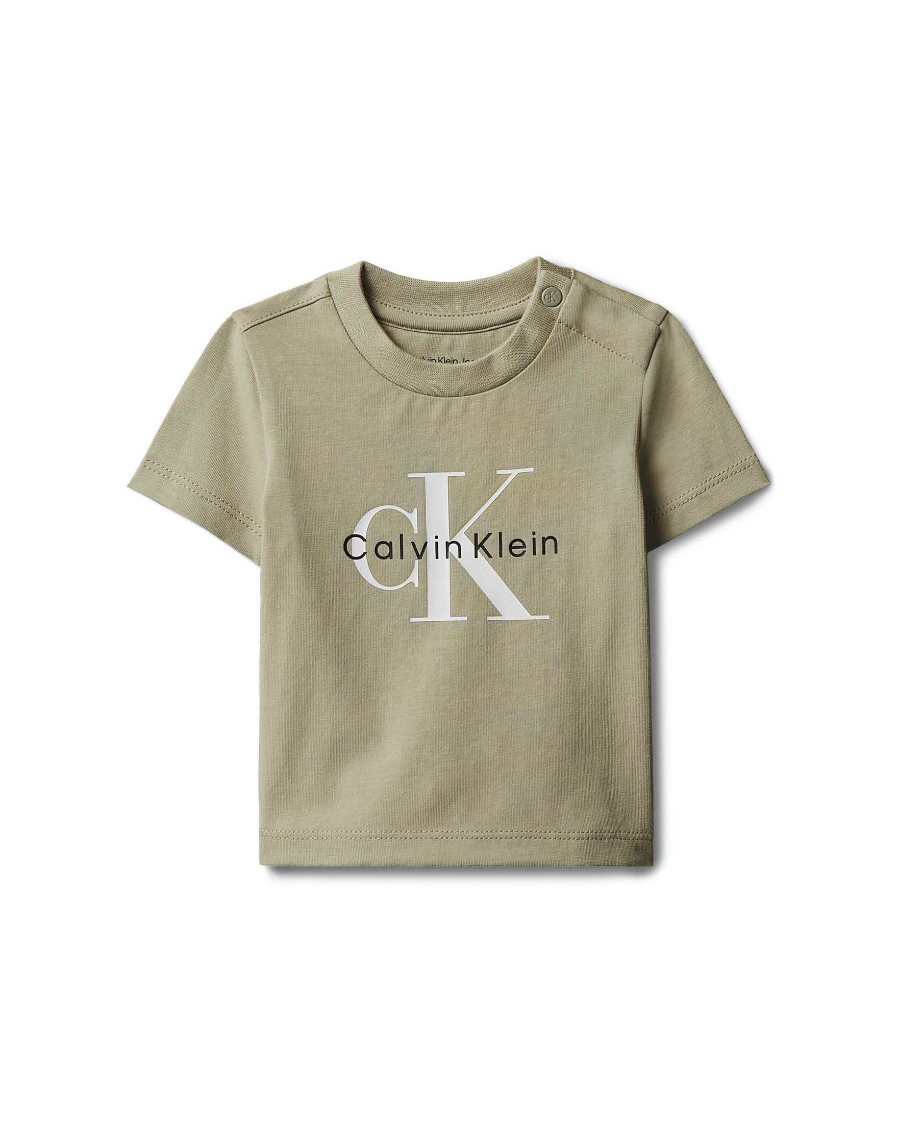 T-shirt Calvin Klein color salvia in cotone stretch a maniche corte con logo monogram