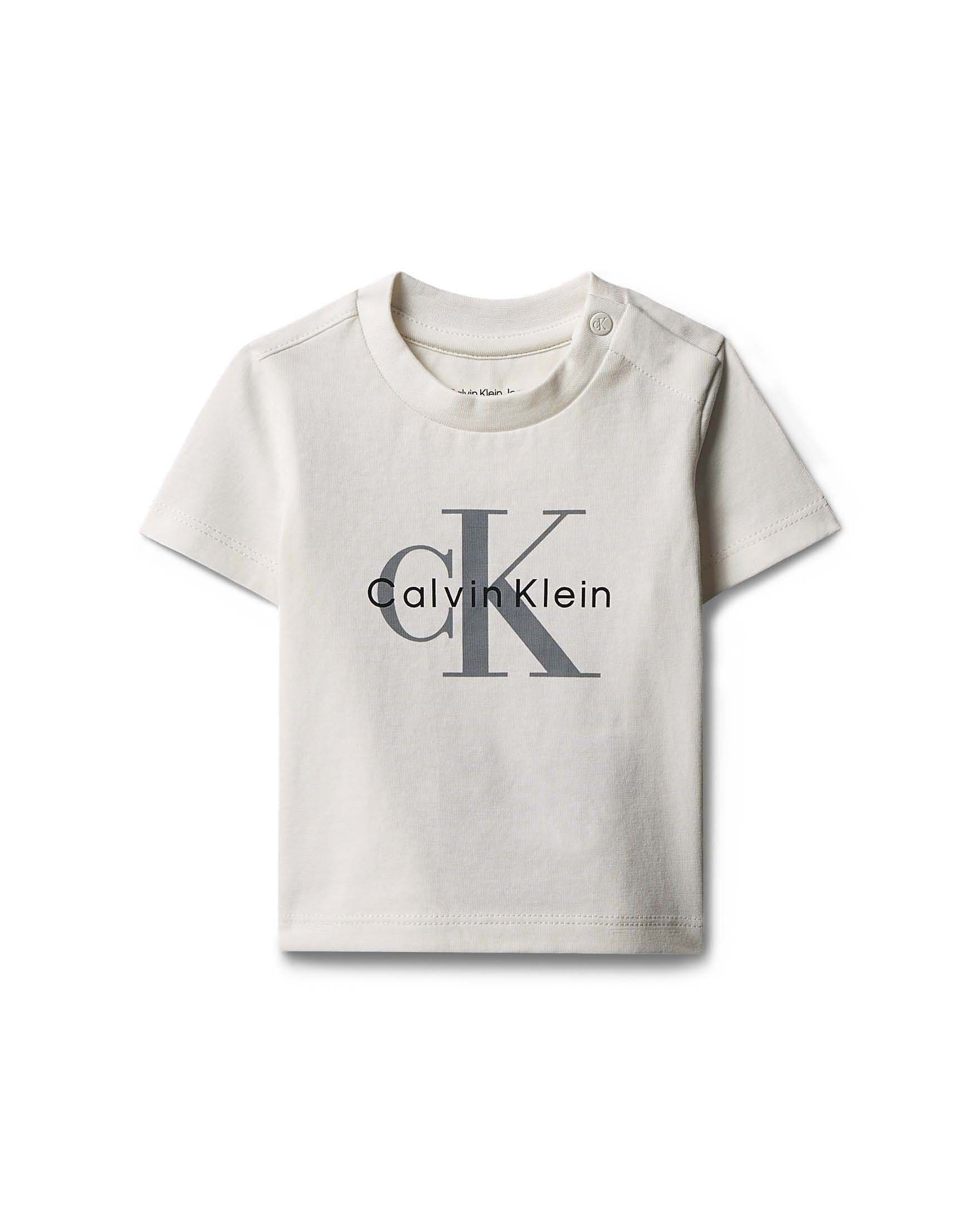 T-shirt Calvin Klein color panna in cotone stretch a maniche corte con logo monogram