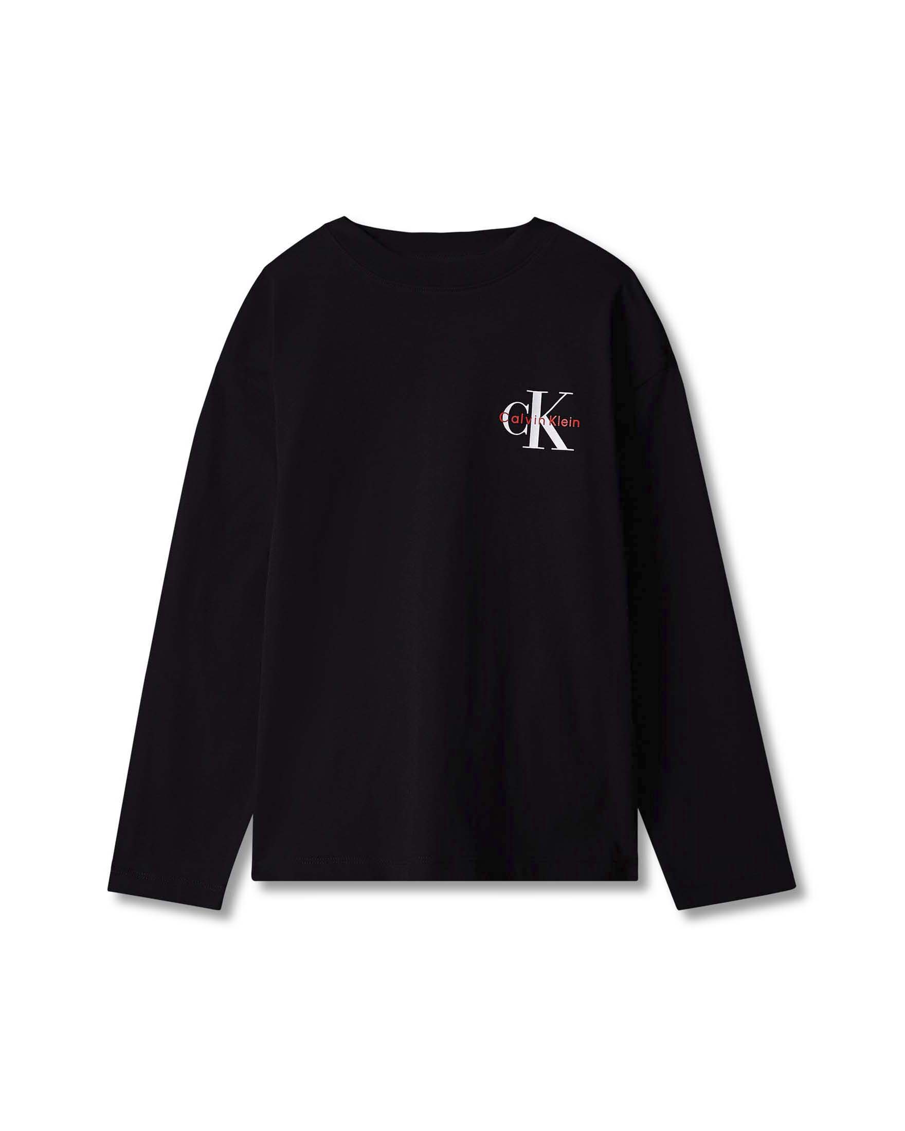 T-shirt Calvin Klein nera in cotone a maniche lunghe con logo monogram bianco e rosso
