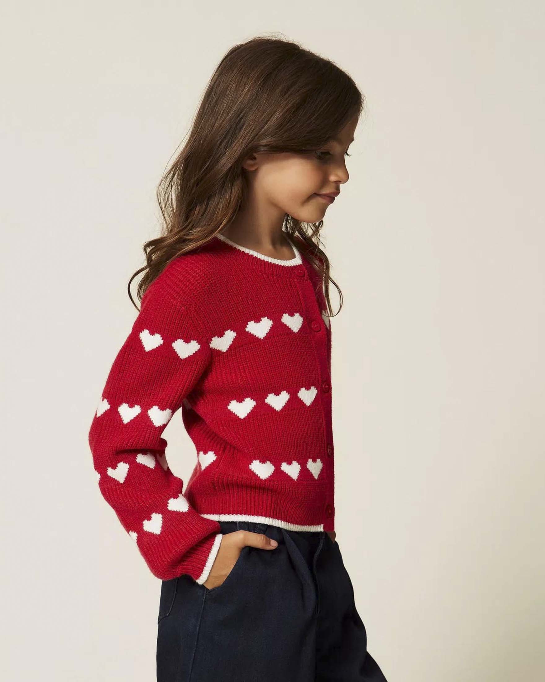 Cardigan Twinset in misto viscosa rosso con cuori bianchi